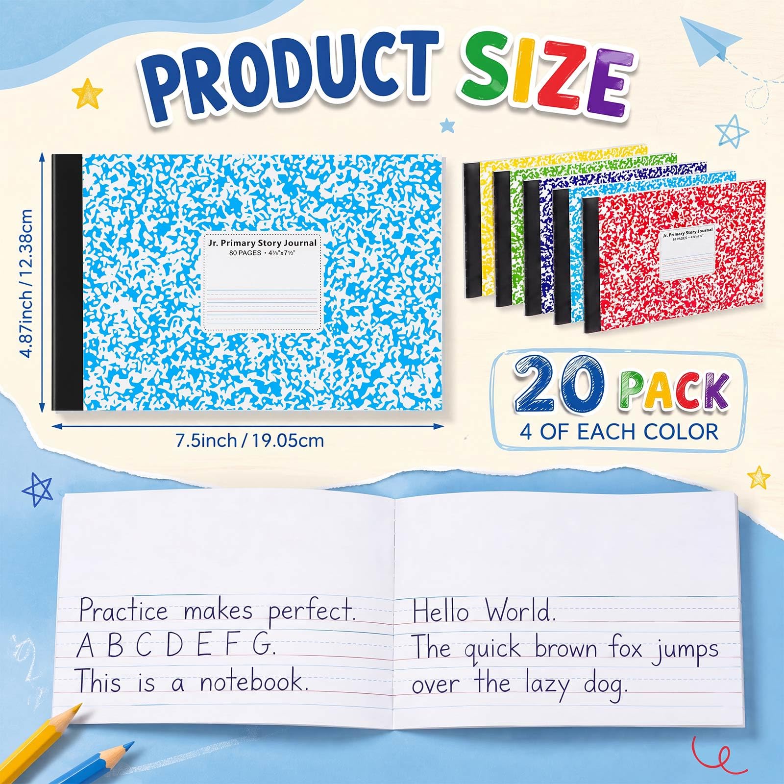 Fainne 20 quaderni per composizione, 80 pagine, mezza misura, a righe larghe, 11,9 x 19,5 cm, spaziatura 28,9 cm, copertine primarie assortite (colorato, fiocco di neve)