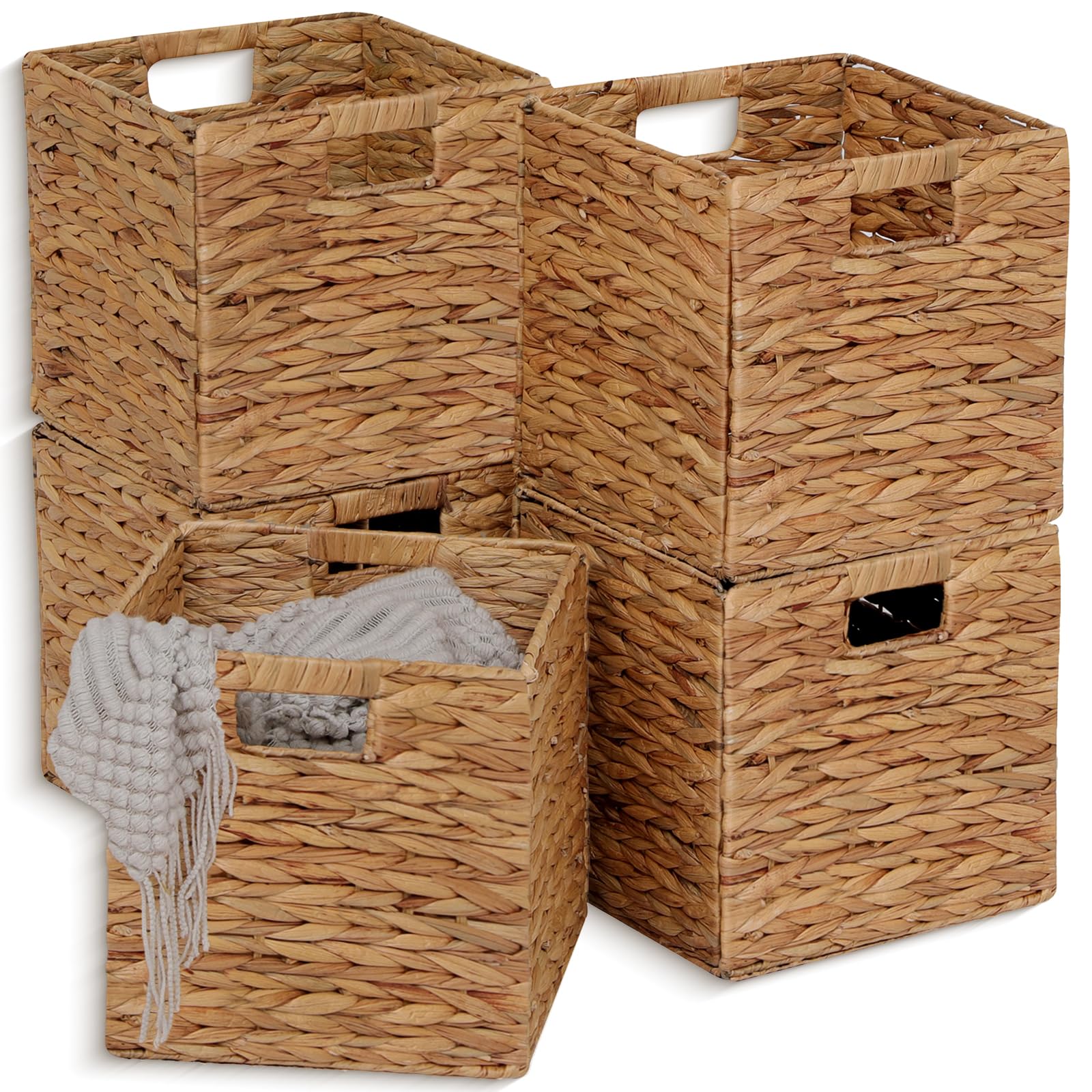 Photo 1 of 11x11in Wicker Storage Baskets Set of 5 Collapsible Water Hyacinth Basket for Organizing,Handwoven Woven Bins for Bedroom,Living Room,Shelves - Natural