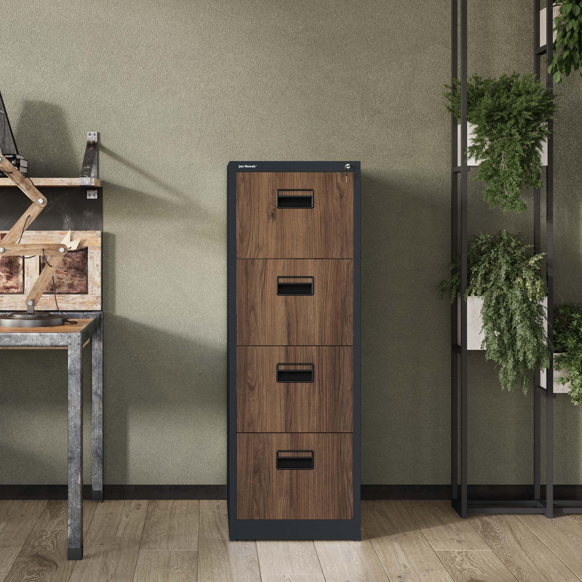 Jan Nowak Hängeregistraturschrank V004A Hängemappenschrank Büroschrank Stahlschrank Aktenschrank mit 4 Schubladen Pulverbeschichtung Stahlblech 132 x 46 x 62 cm (H x B x T) (Anthrazit/Holzoptik)