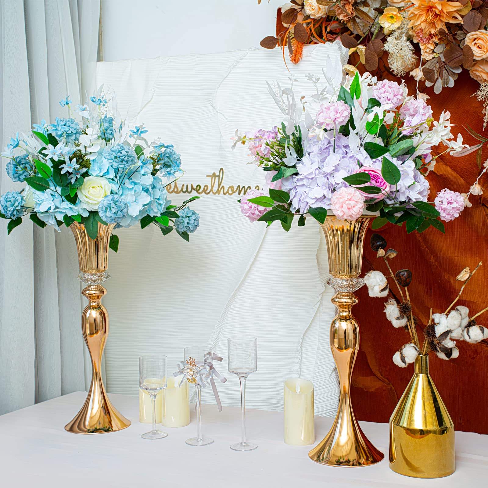 Jarrones dorados de 22 pulgadas para centros de mesa, 2 jarrones de trompeta altos de metal, centros de mesa de recepción de boda, jarrón de flores de cristal para mesa, boda, fiesta, evento
