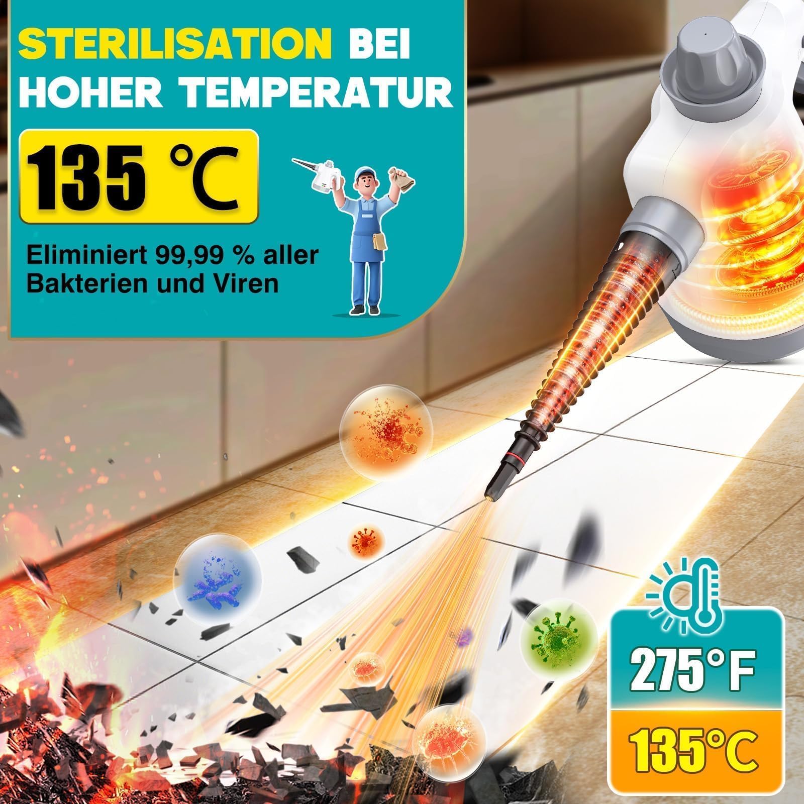 Rolipo Dampfreiniger Handgerät mit 12-Teiligem Zubehör, 1050W Steam Cleaner für Haushalt, Küche, Bad, Fenster, Polster & Auto–100% Chemiefrei, Hochdruck-Dampf gegen Schmutz Fett & Bakterien