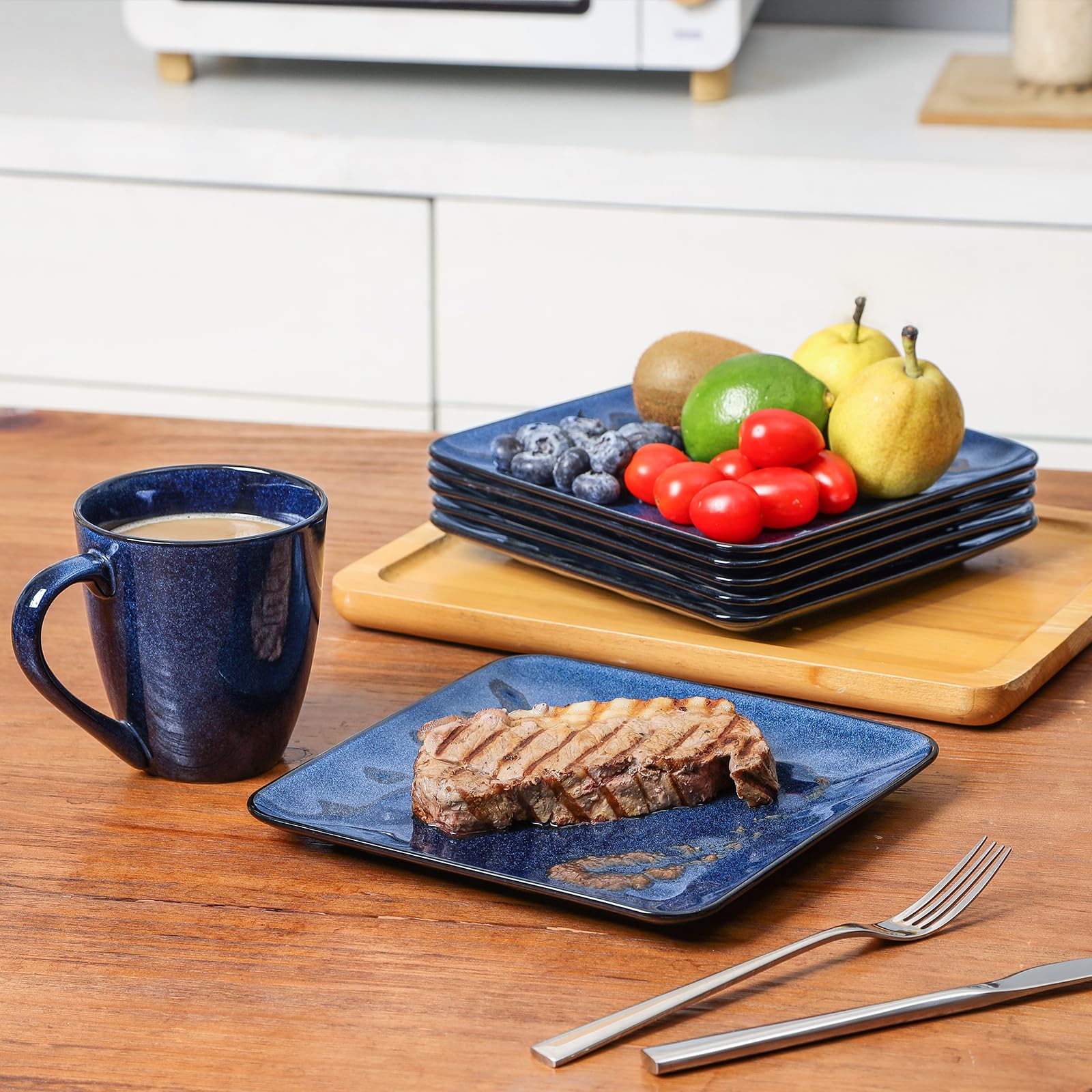 vicrays Quadratische Keramikteller, 6 Stück, große Porzellanteller, 25,4 cm, für Steak, Pasta, Pizza, mikrowellen- und spülmaschinenfest, Blau