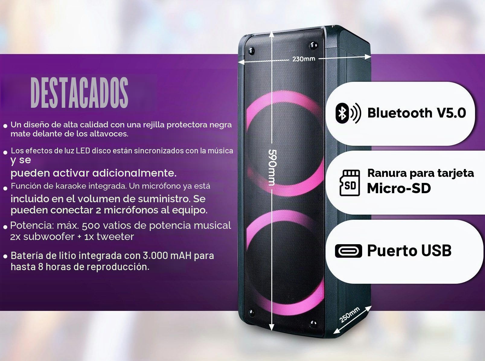REFLEXION PS09BT - Altavoz portátil con Bluetooth para DJ, Karaoke, 500 W, Radio FM-PLL, Efecto LED con Cambio de Color, Incluye micrófono, batería integrada, Color Negro