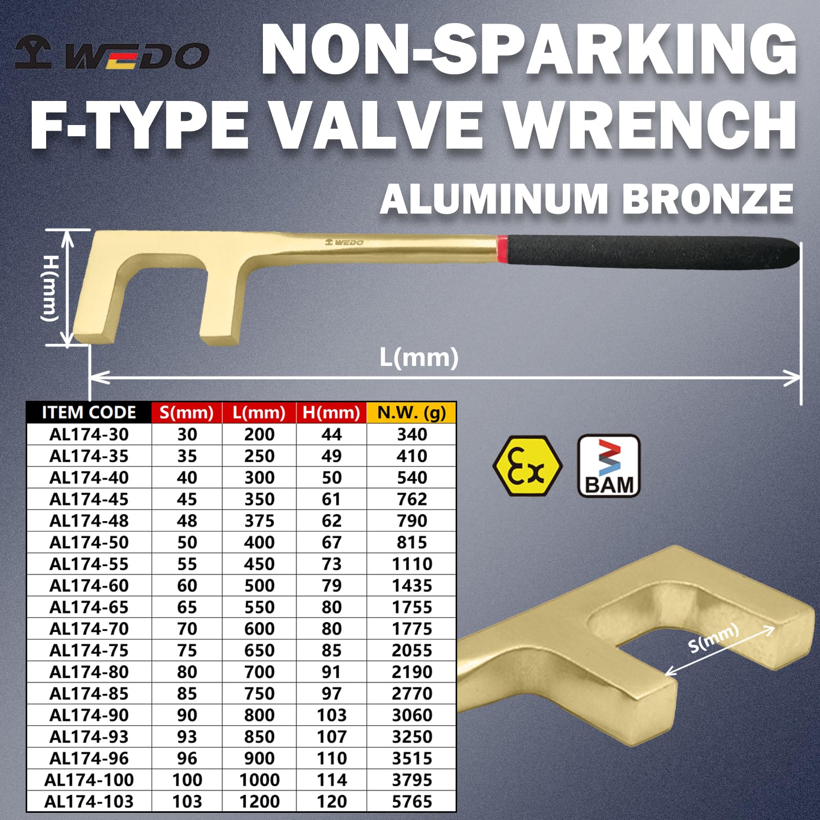 WEDO Llave de mango de válvula sin chispas tipo F con mango de plástico, llave de seguridad sin chispas, bronce de aluminio, estándar DIN, certificado BAM y FM, 1.18 pulgadas, 30 mm de ancho
