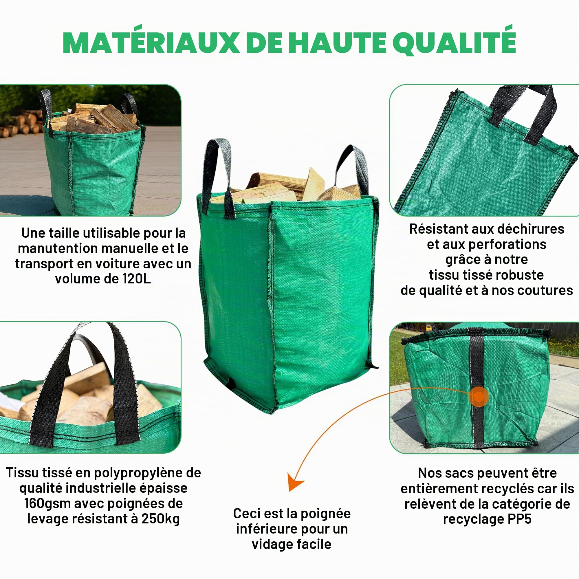 Lot de 3 sacs à déchets de jardin – 120 litres – Sacs à déchets verts très résistants – Tissu industriel et poignées