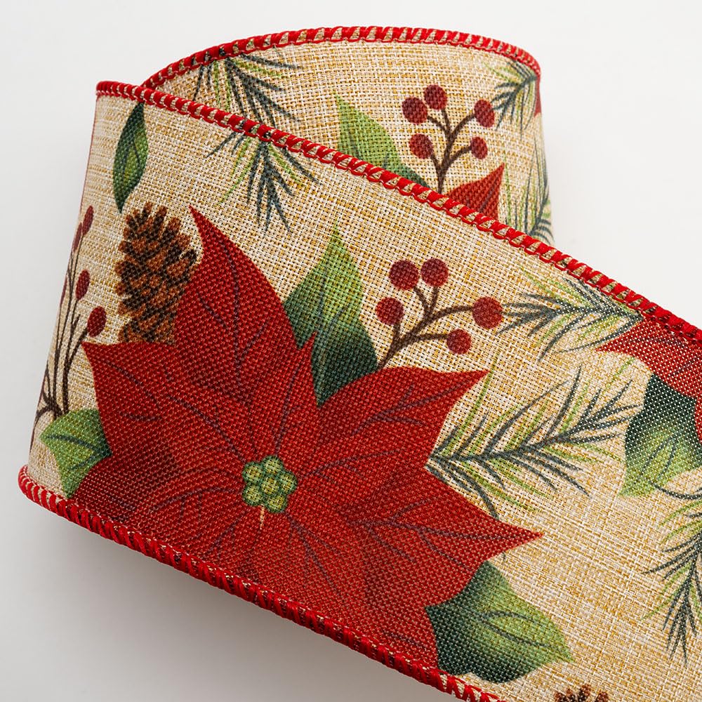 Italian Options 63mm Wide Christmas Ribbon - Natural Linen Red Poinsettia (10 Mtr/Wired Edge)