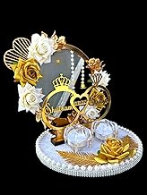 CREATIVE HORIZON Wood Personalized Name White & Golden Artificial Flower Design Engagement Ring Tray Platter, Decorative Plate for Ring Ceremony