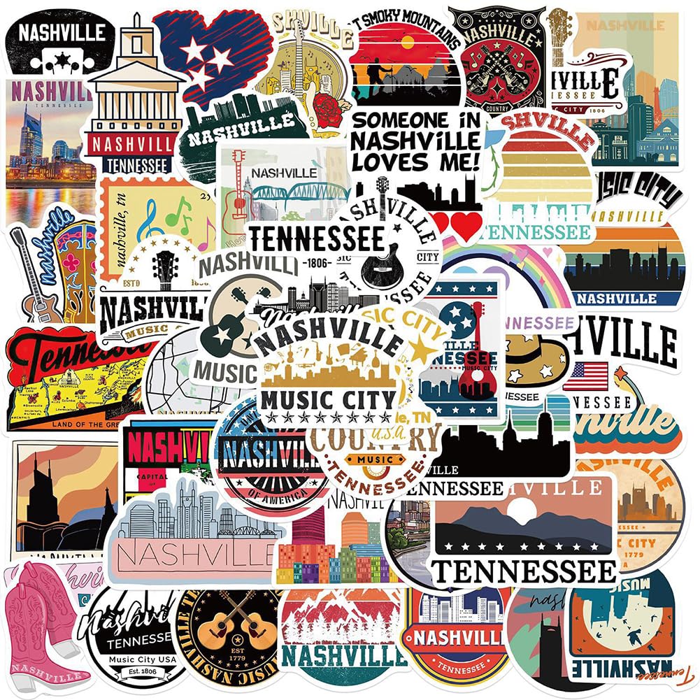 Nashville Music City Stickers |50 Pcs Tennessee Nashville Waterproof Vinyl Decals for Water Bottles Laptop Luggage Cup Computer Mobile Phone