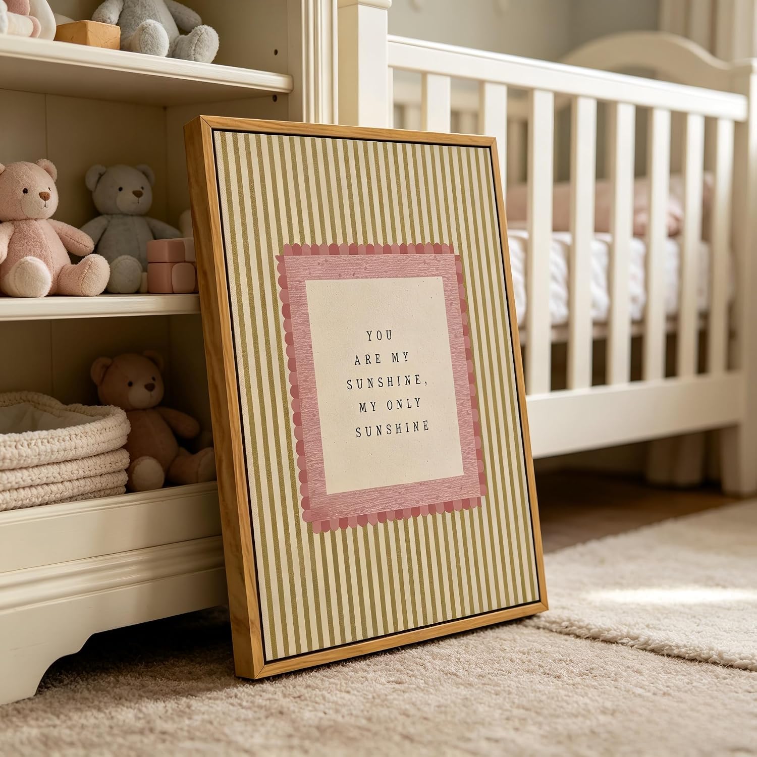 Floating Framed Vintage Nursery Canvas Wall Art, You Are My Sunshine Painting Picture Wall Decor, Neutral Striped Poster Print Artwork for Kids Bedroom Baby Room Home Decoration 8x10in