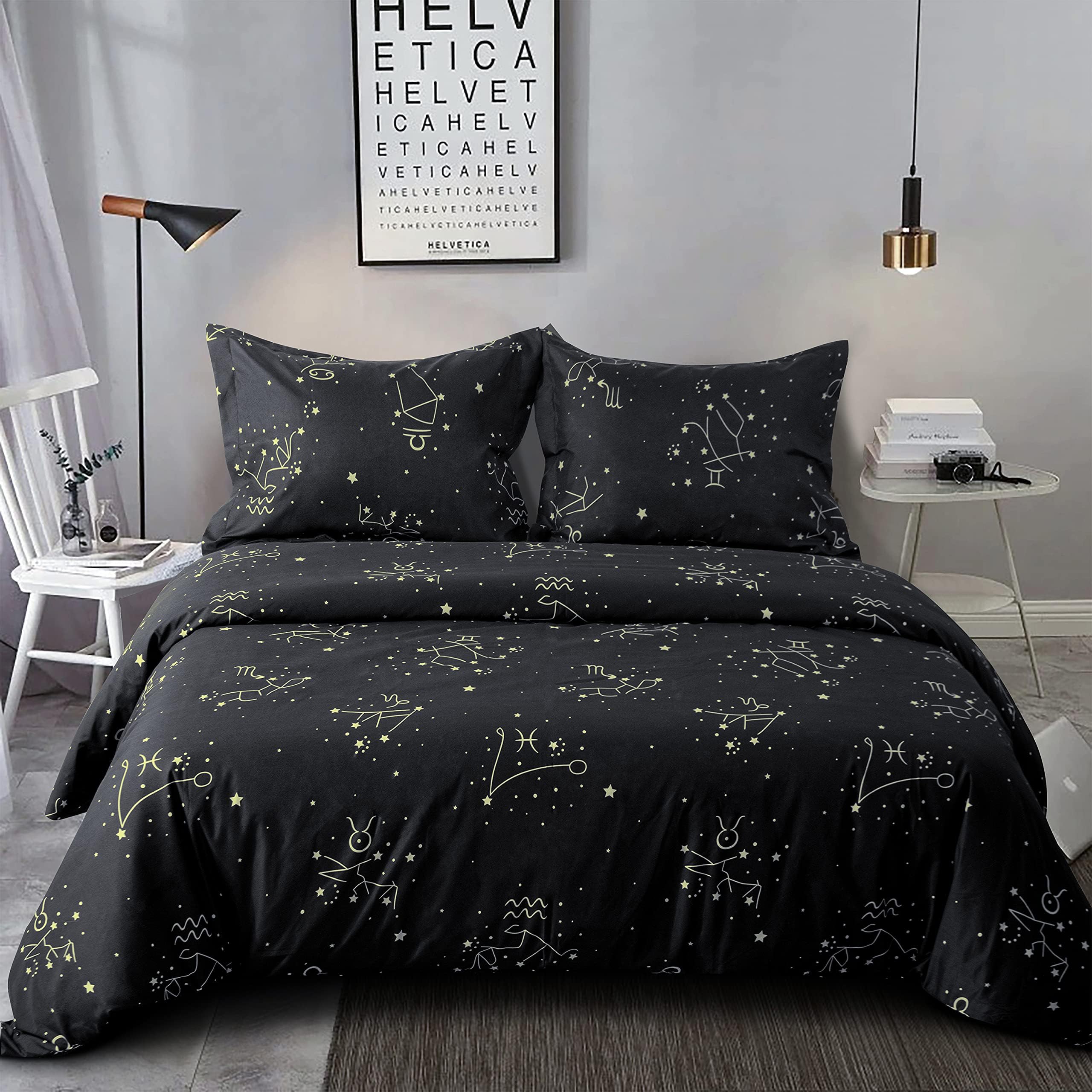 NTBAY Microfiber Queen Duvet Cover Set, 3 Pieces Ultra Soft Constellation Printed Comforter Cover Set with Zipper Closure and Corner Ties, Black