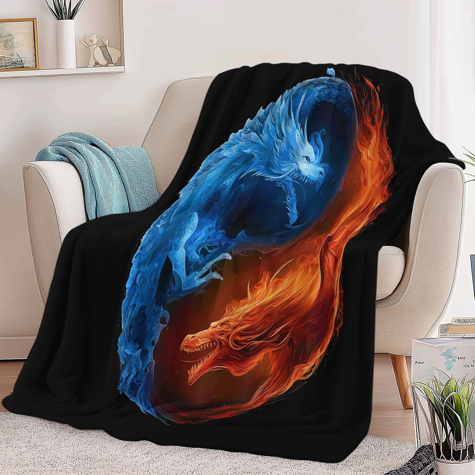Koc polarowy, koc flanelowy z symbolem zwierzęcia Dragon Yin Yang, narzuta na sofę polarową, koc na łóżko 2-osobowe, gruby i ciepły pled wysokiej jakości, 220 x 240 cm, czarny