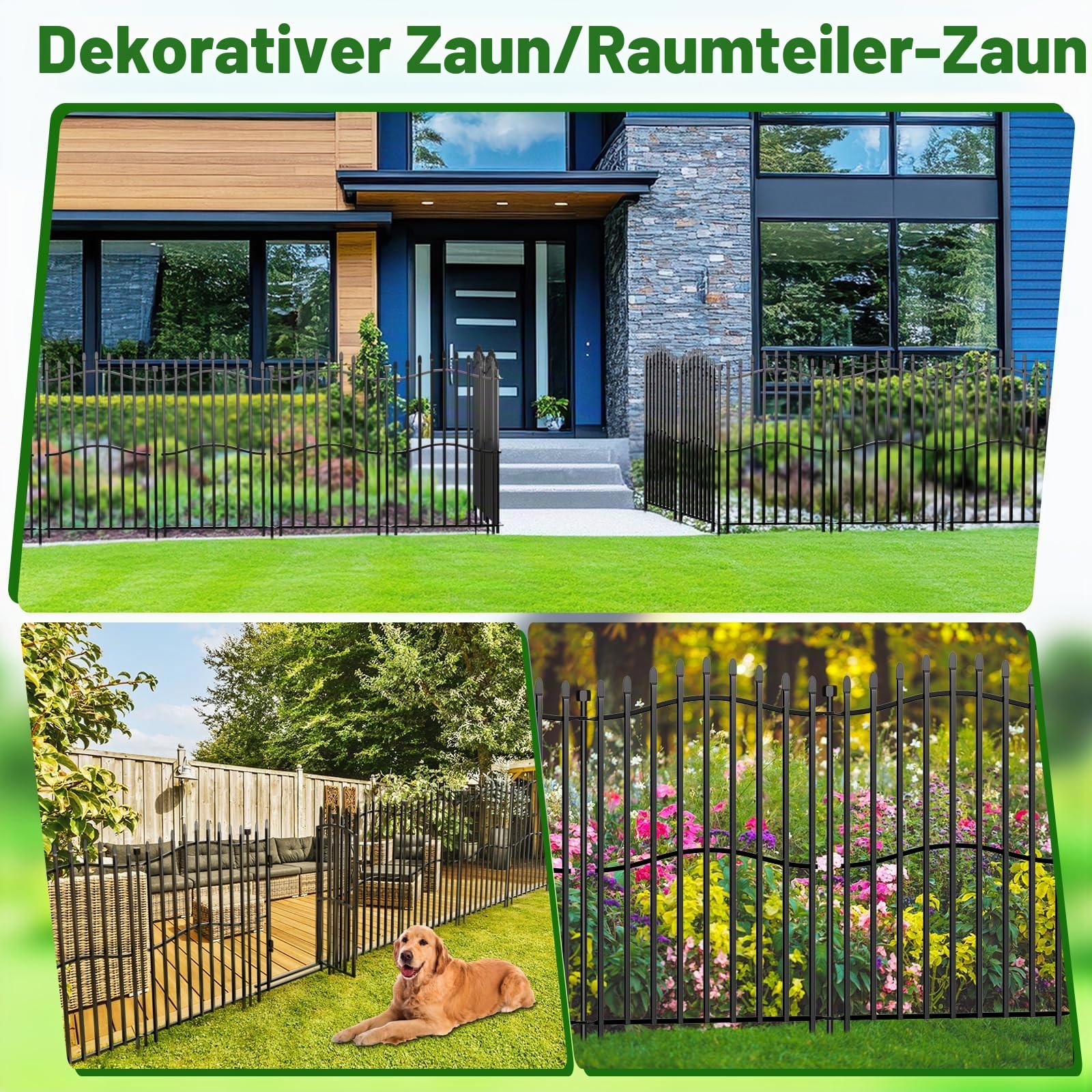 10 Paneele Steckzaun Dekorativer Gartenzaun Metall mit Tür – 102 cm hoch x 7 m lang, robuster Vierkantrohr-Tierschutz, rostfreier Hundezaun für Hof und Terrasse im Außenbereich