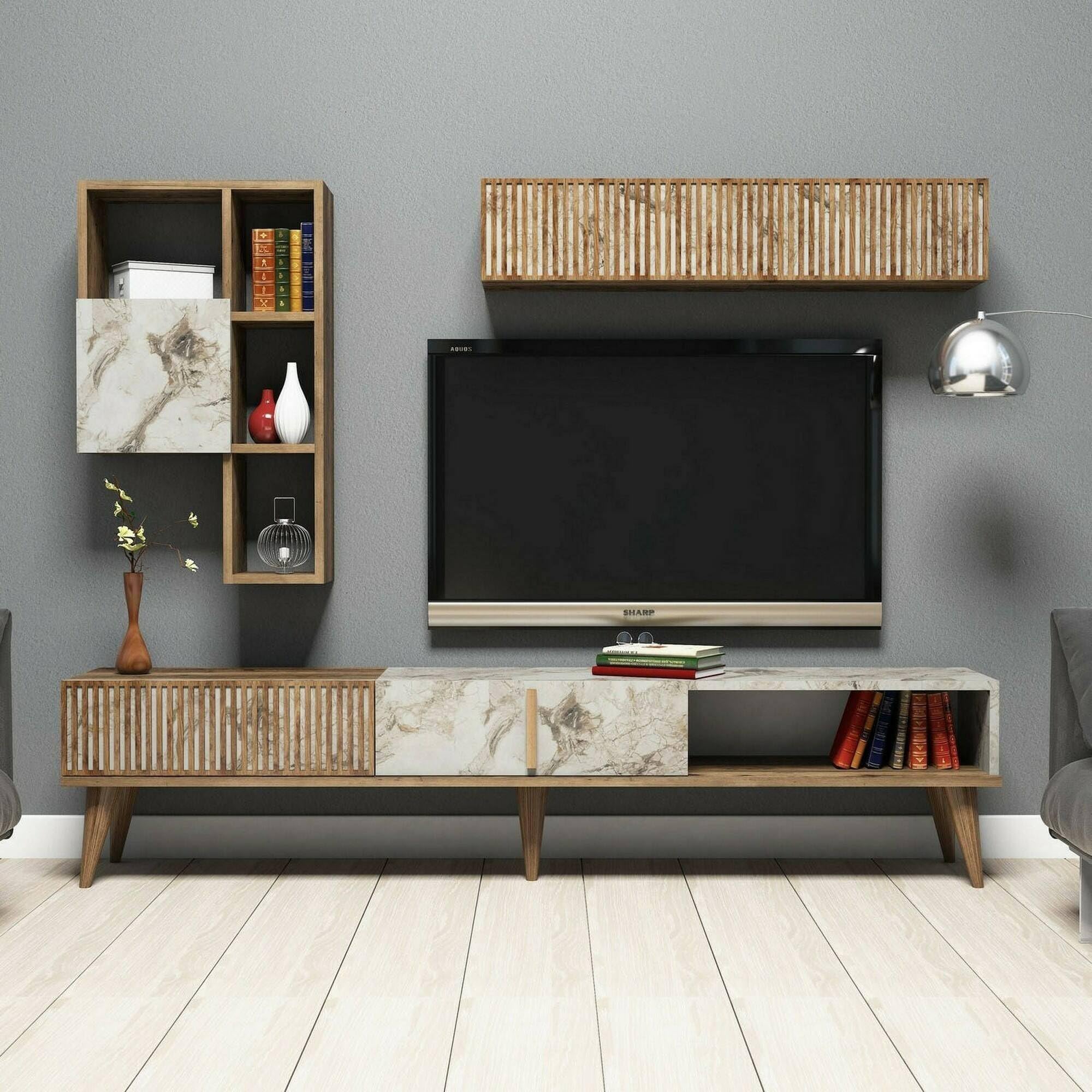 Dmora Parete attrezzata Gemini, Composizione Soggiorno, Mobile Salotto Multiuso, Armadio Porta TV, 180x35h40 cm, Noce e Bianco Marmo