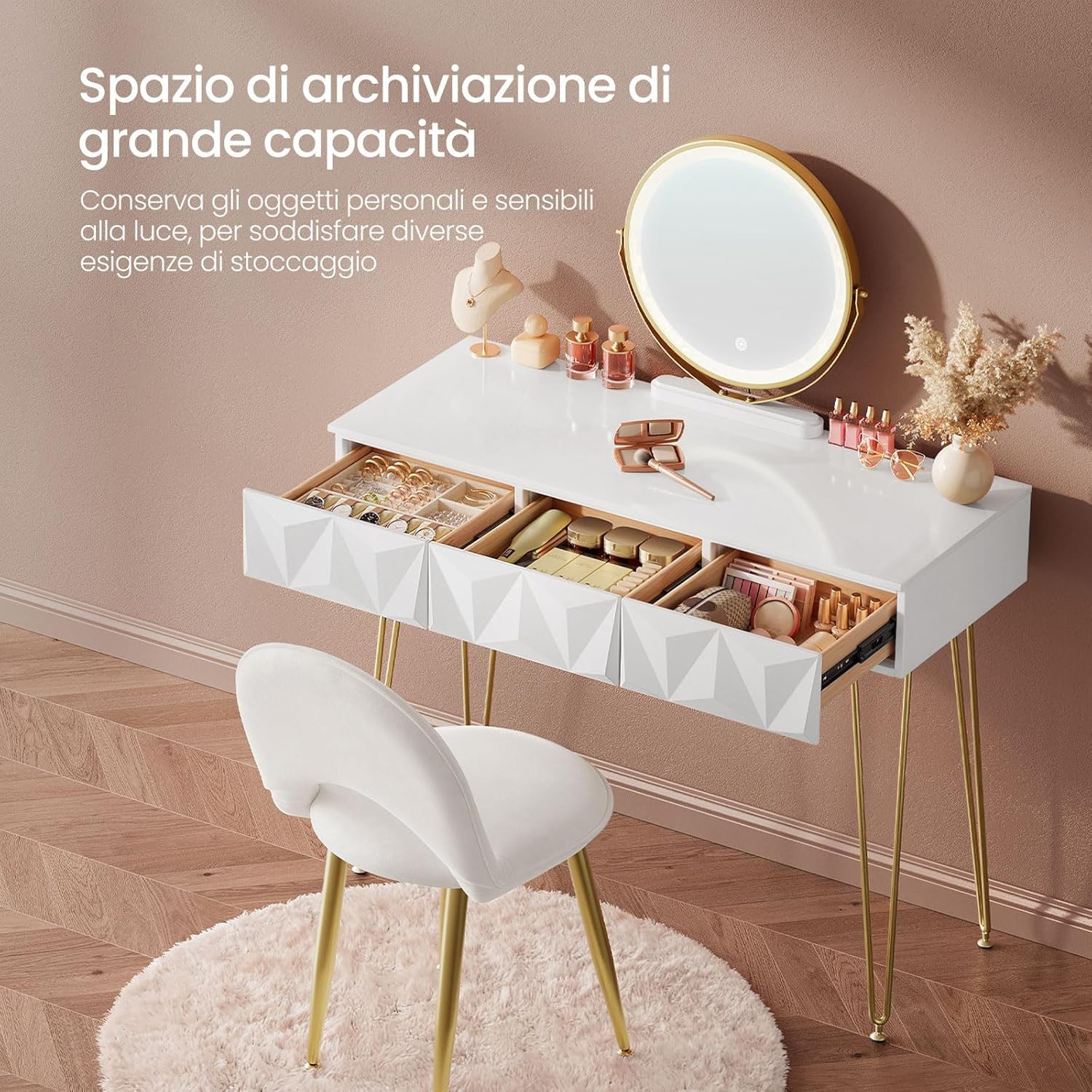 EUGAD Toeletta da Trucco con Luci LED, Luminosità Regolabile, Postazione da Trucco con Sedia in Velluto, con 3 Cassetti, Assemblaggio facile, Bianco e Dorato