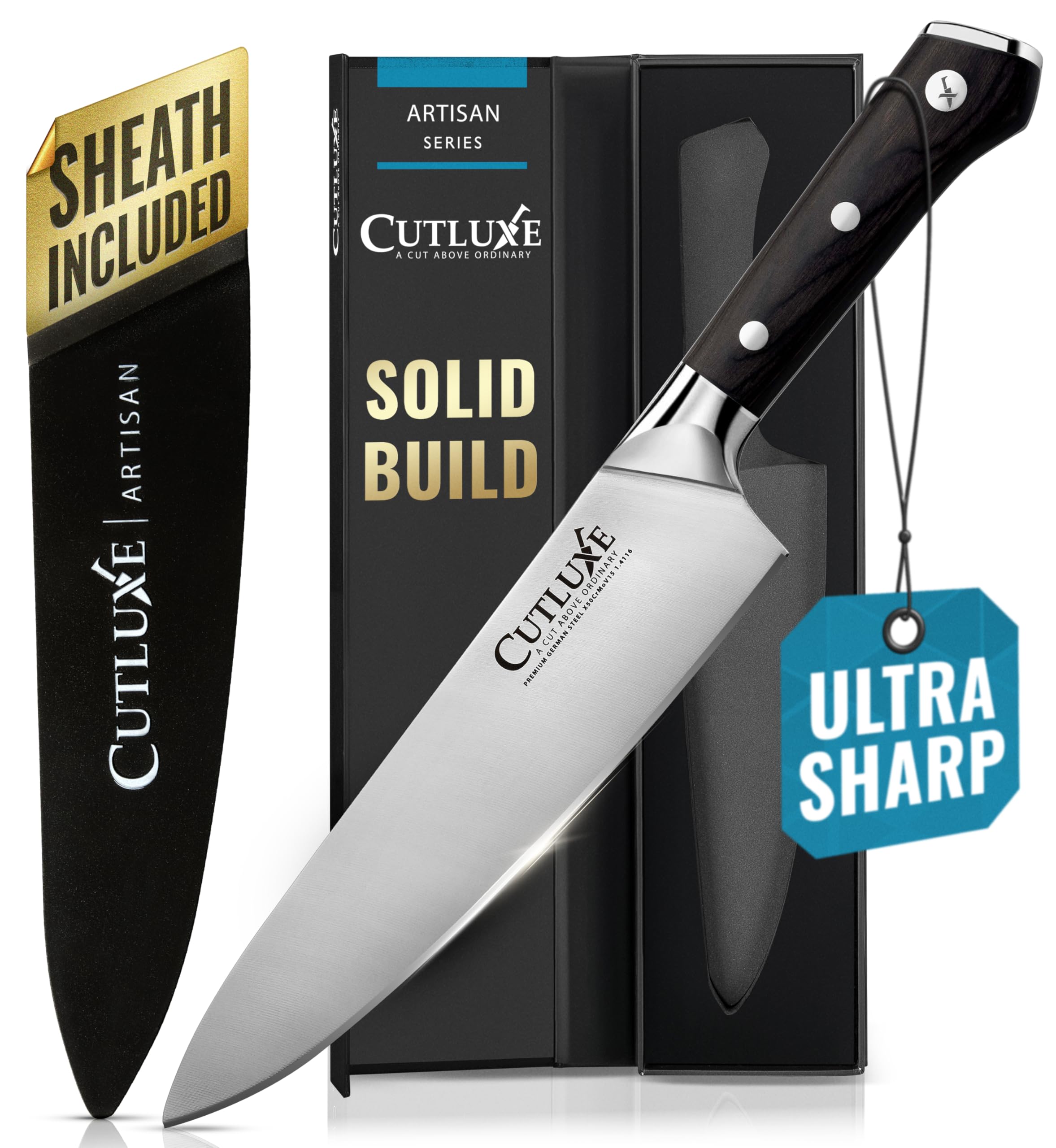 Cutluxe Chef Knife – 8" Cooking & Cutting Kitchen Knife – Razor Sharp Blade Forged from High Carbon German Steel – Ergonomic Handle & Full Tang Design – Artisan Series