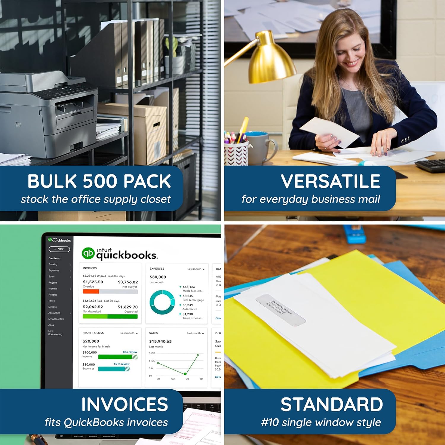 500#10 Left Window Envelopes - Thick Gummed Seal - Single Window Envelopes for Quickbooks Checks, Invoices, Business Statements, Personal Letters - Number 10 Envelopes 500 Count - Size 4 1/8 x 9 1/2