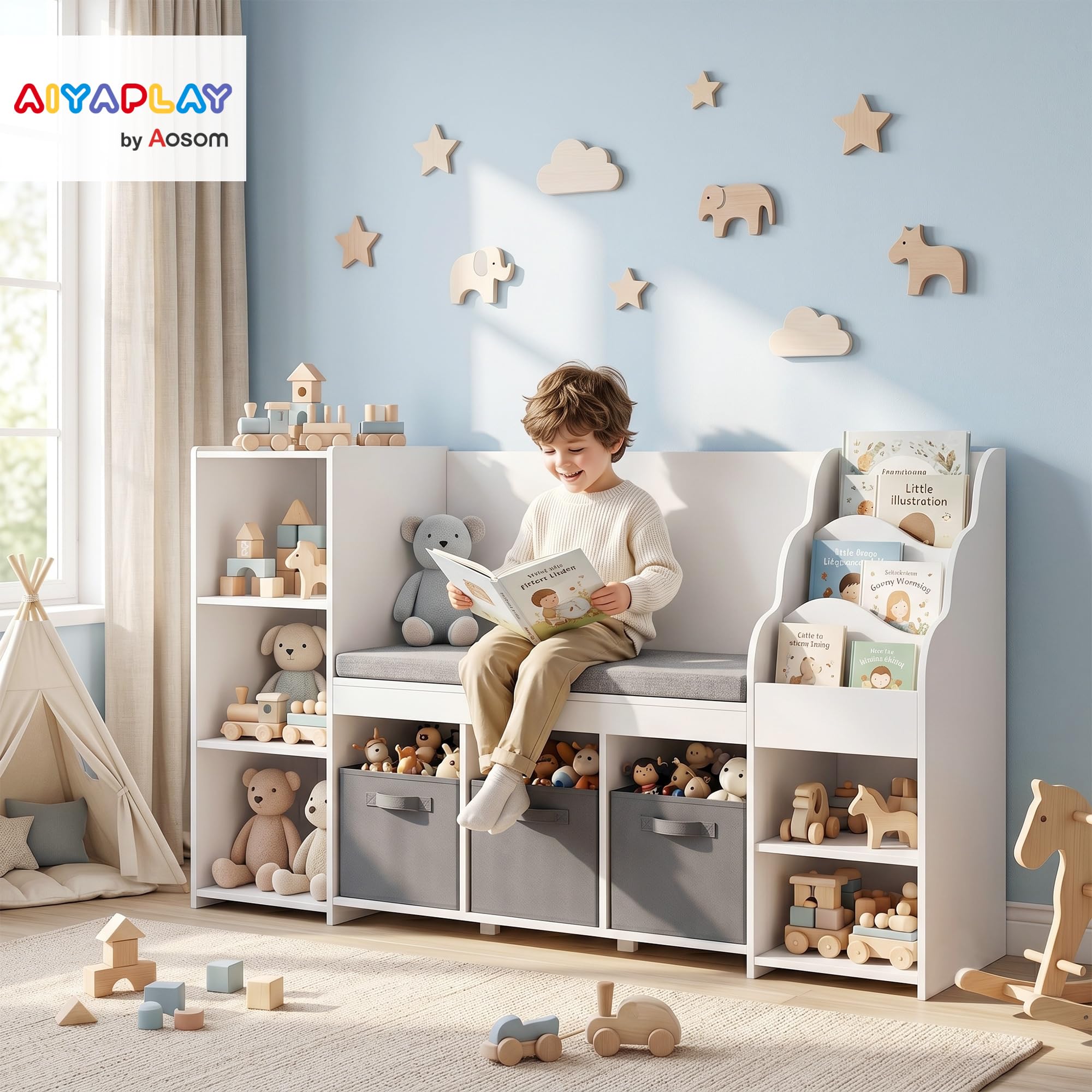 AIYAPLAY Scaffale Portagiochi Bambini, Libreria Montessoriana per Bambini in Legno 3-8 Anni con Libreria a 3 Livelli, 3 Cassetti in Tessuto, 4 Scomparti, Cuscino, per Cameretta, 137x40x80cm, Bianco