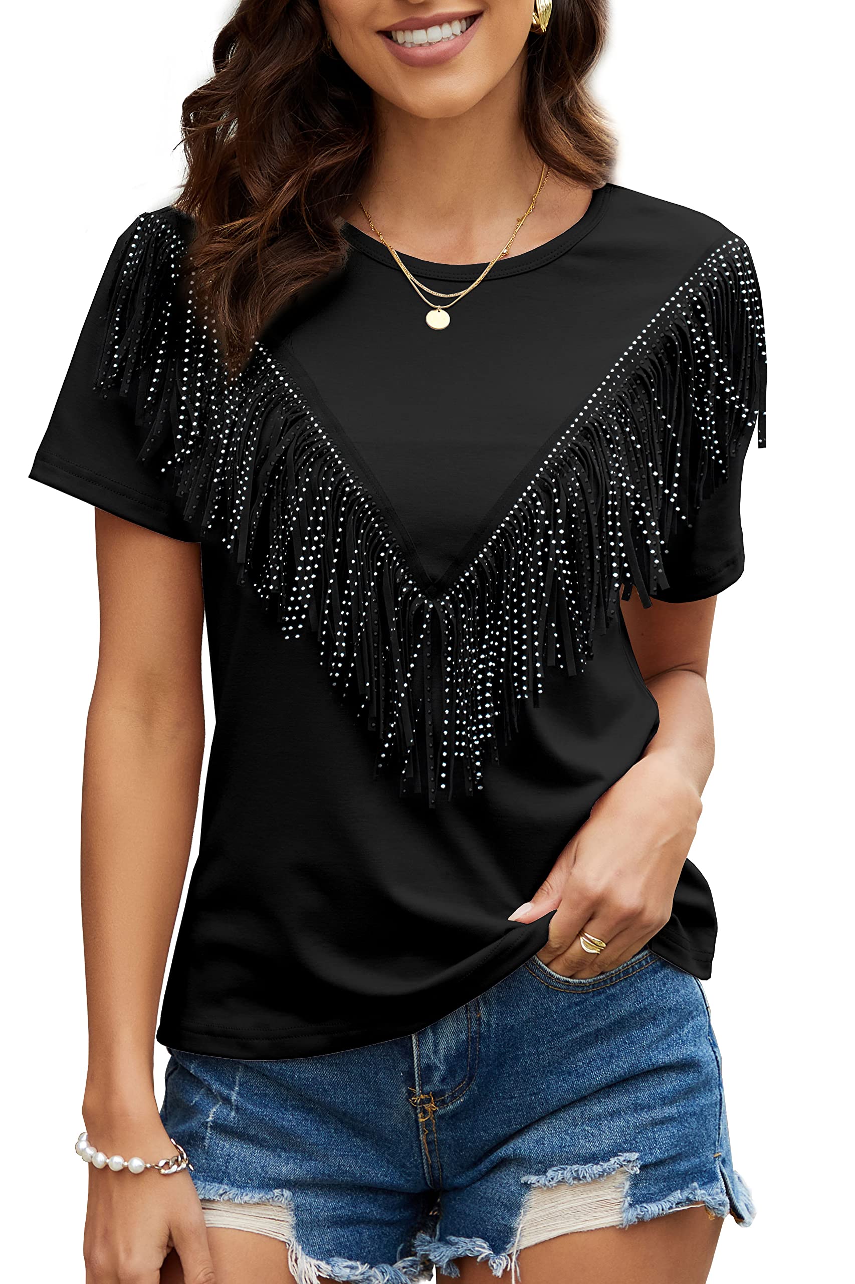 PESION Women's Fringe Trim Shirts Short Sleeve Tassel Trim Blouse T-Shirt Tops
