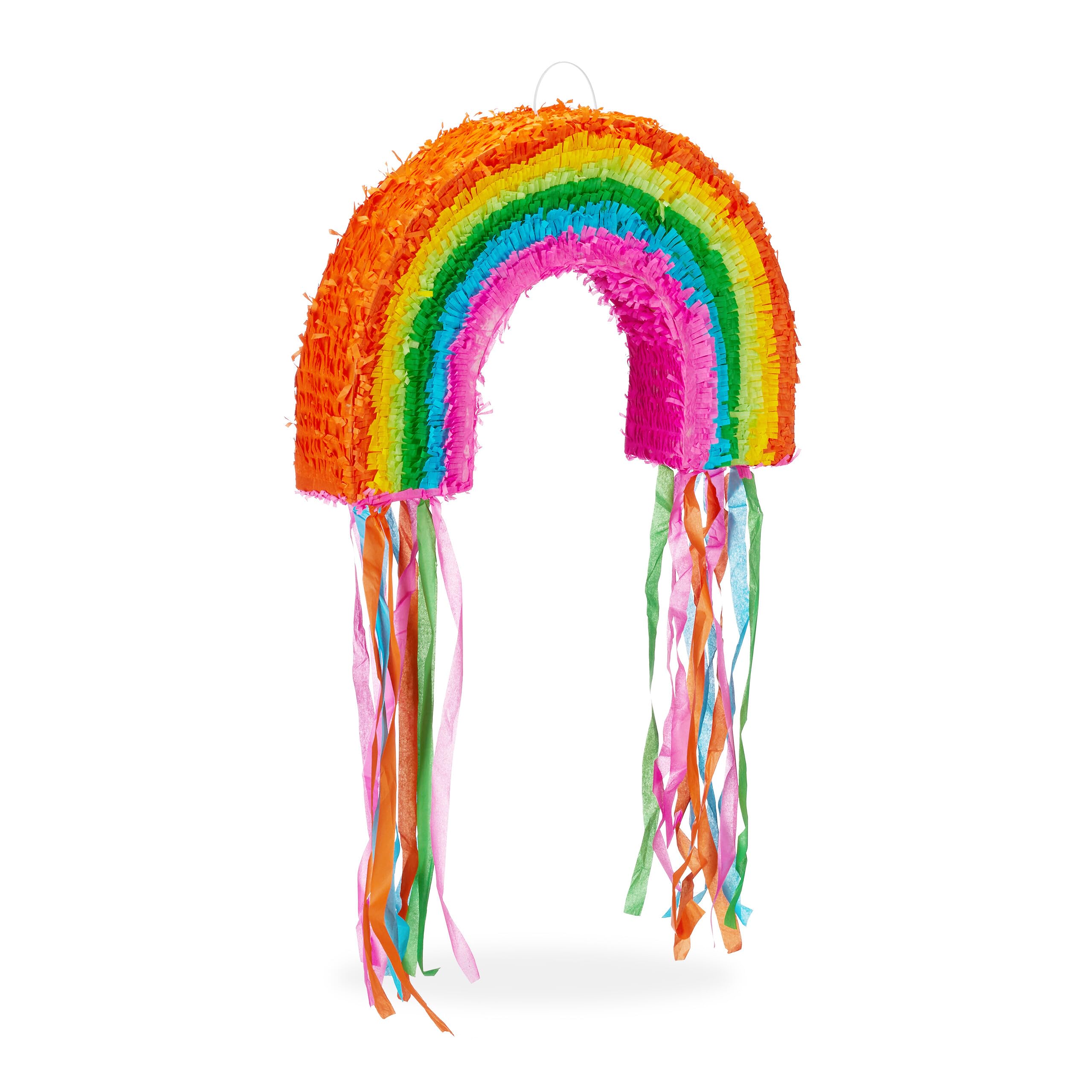 Relaxdays Rainbow Pinata, Hanging Children’s Paper Piñata for Boys & Girls, Fillable, Birthday Decoration, Piñata, Colourful