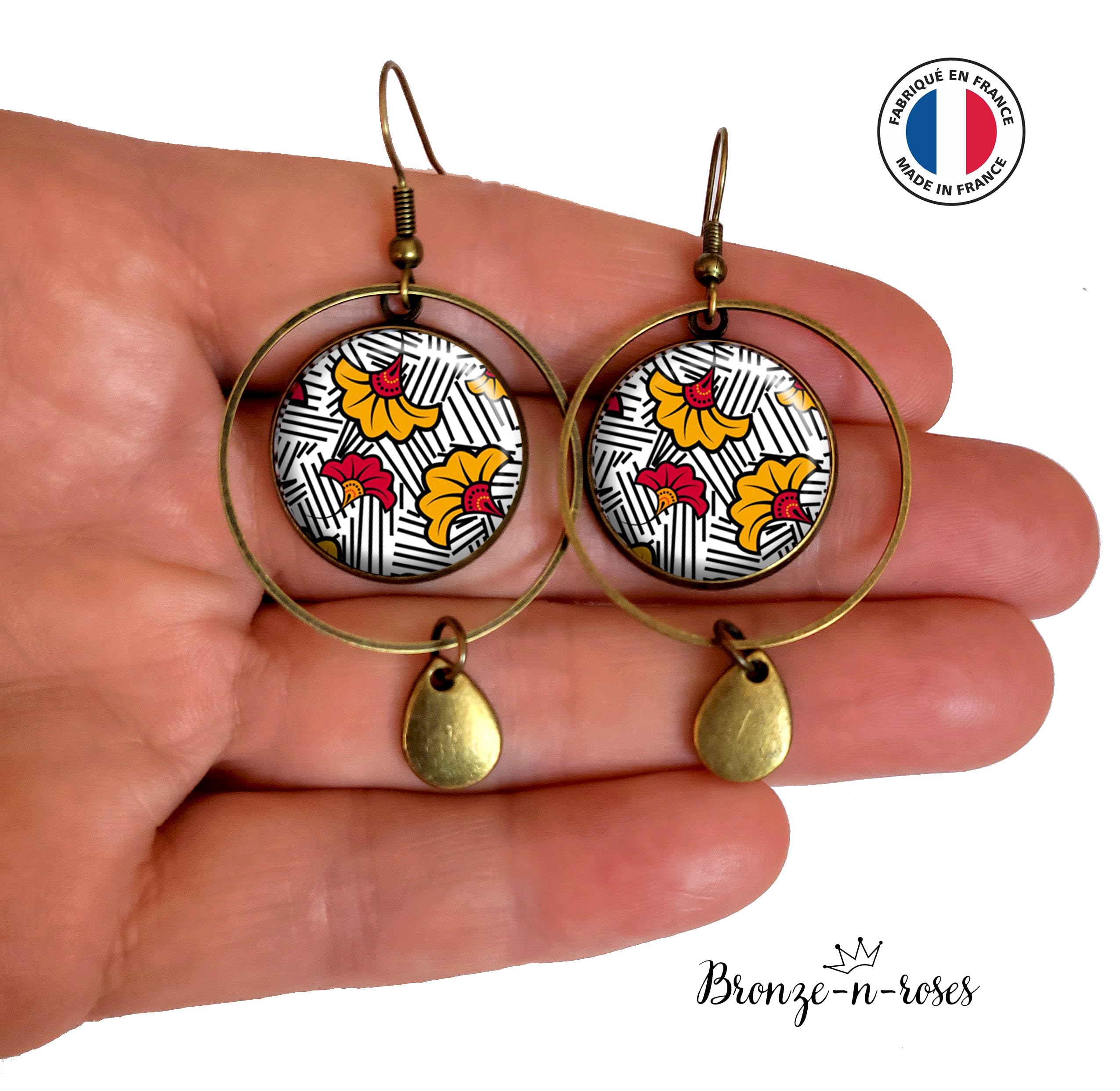Boucles d'oreilles wax jaune et rouge Afrique ethnique tendance cadeau bijou femme