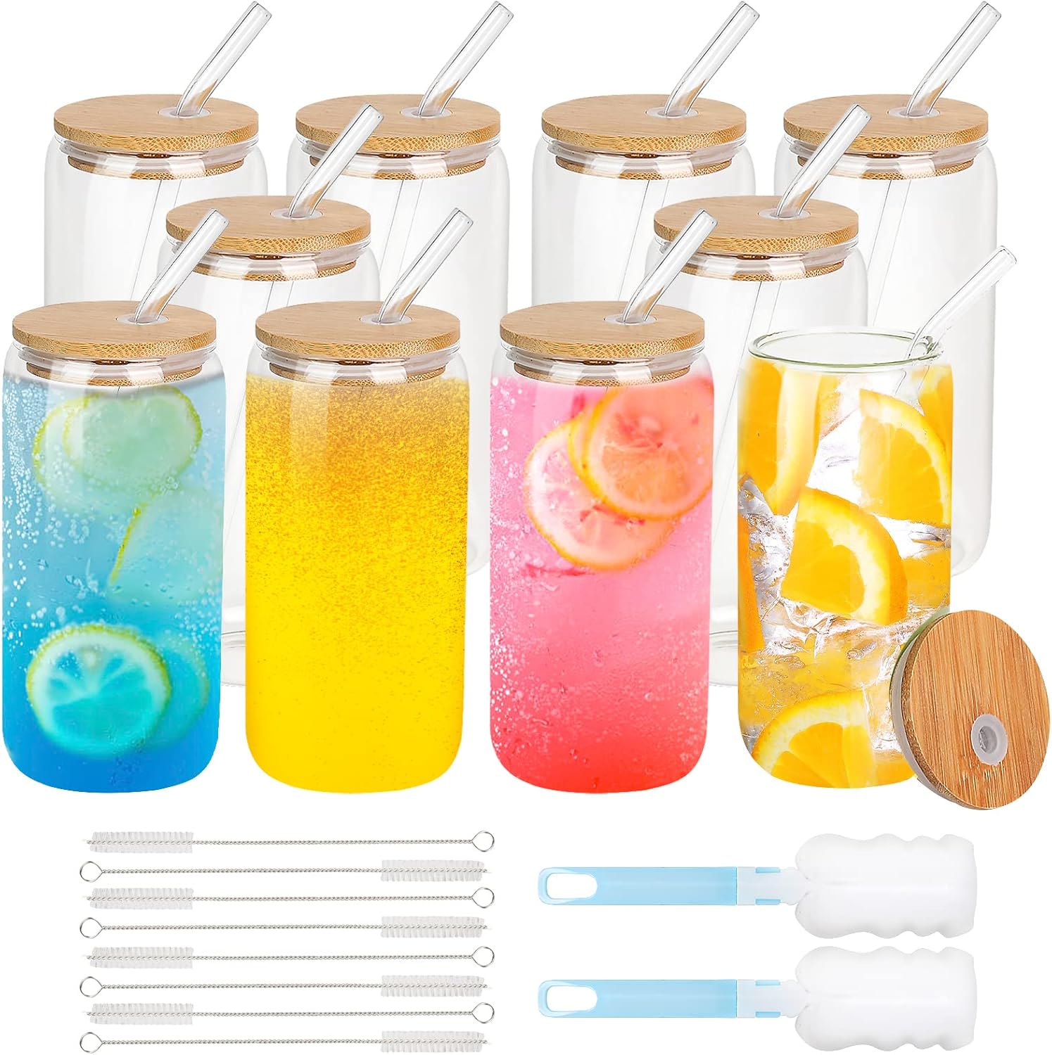 Drinking Glasses with Bamboo Lids and Glass Straw, 16 Oz Can Shaped