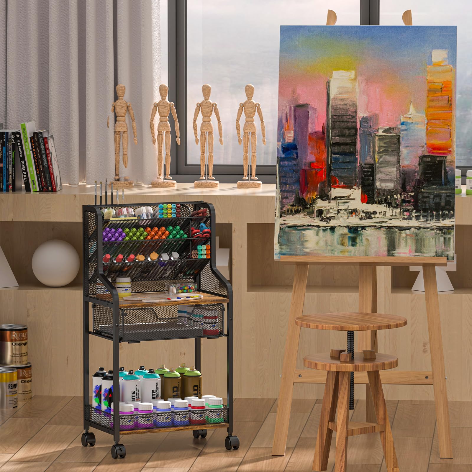 Small Rolling Utility Cart with Drawer, Metal Craft Storage Cart with Lockable Wheel, Versatile Art Organizer with 6 Tiers & Removable Dividers for Drawing Room, Store Paint & Artifact, Patent Pending