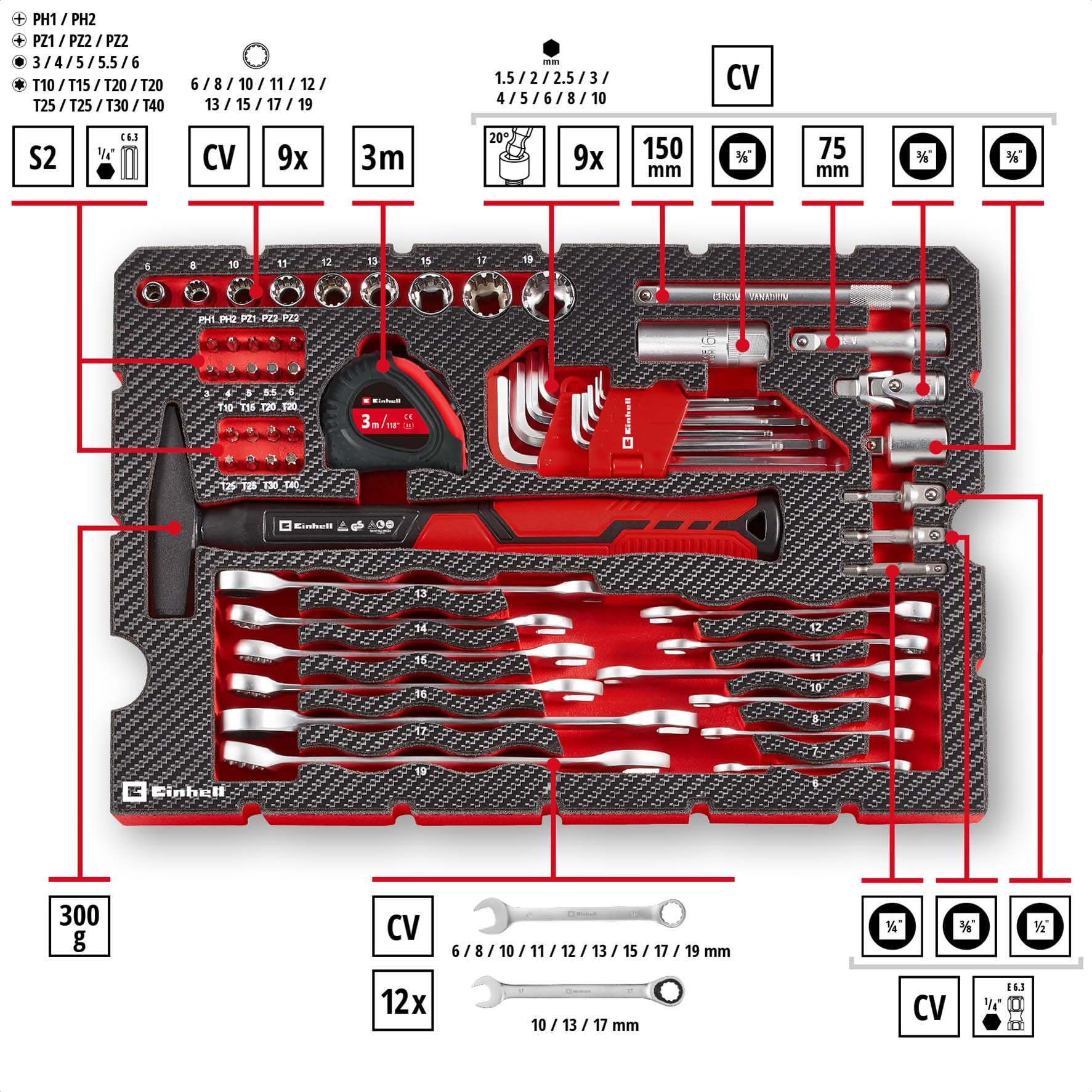 Einhell E-CASE originale da 80 pezzi (set di utensili di alta qualità in una robusta valigetta di plastica impilabile, ideale come attrezzatura di base per la casa e l'officina)