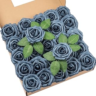 DuHouse 25Pcs Artificial Roses Flowers Fake Roses with Stems Real Touch Foam Flowers for DIY Wedding Bouquet Baby Shower Centerpiece Floral Arrangement Party Home Decor(Dusty Blue)