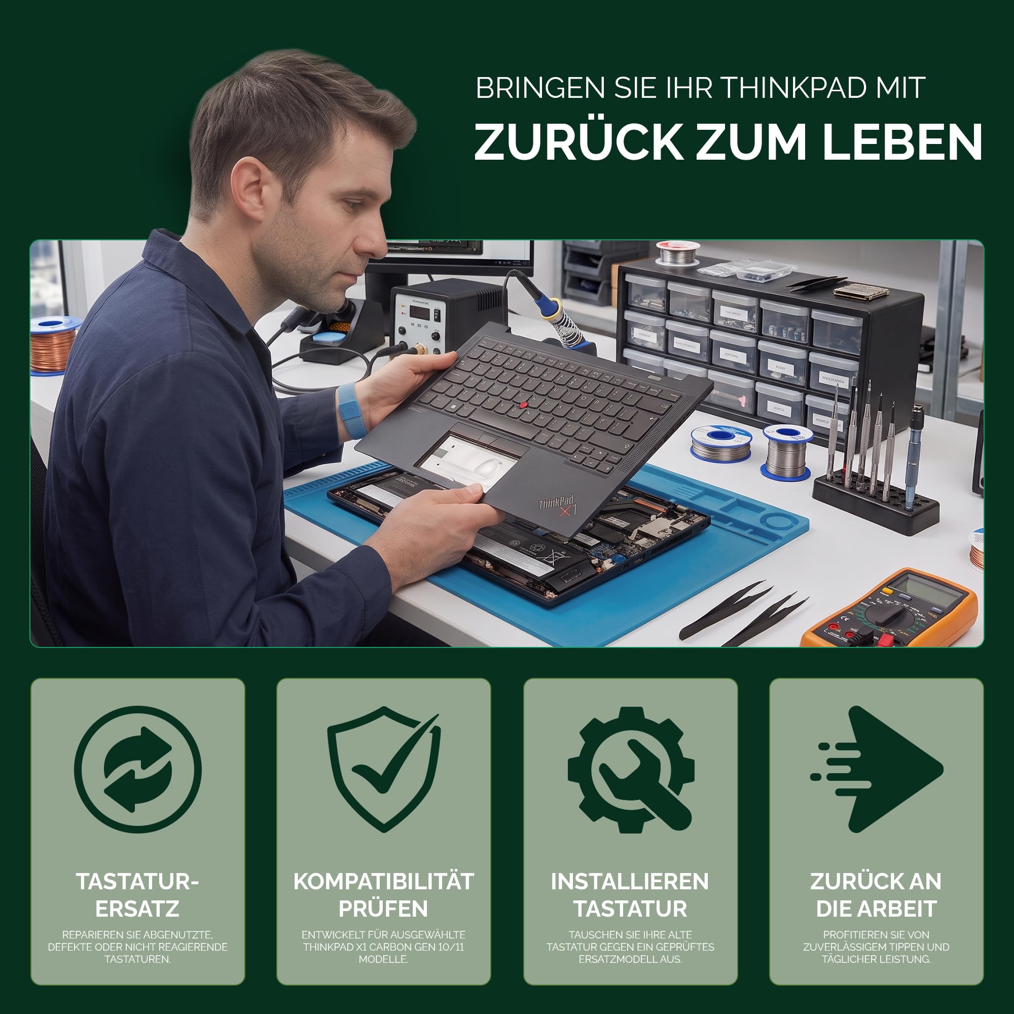 Handballenauflage mit Tastatur kompatibel mit Lenovo ThinkPad X1 Carbon Gen 10 / X1 Carbon Gen 11 - Deutsches QWERTZ-Layout, beleuchtet, TrackPoint, schwarz
