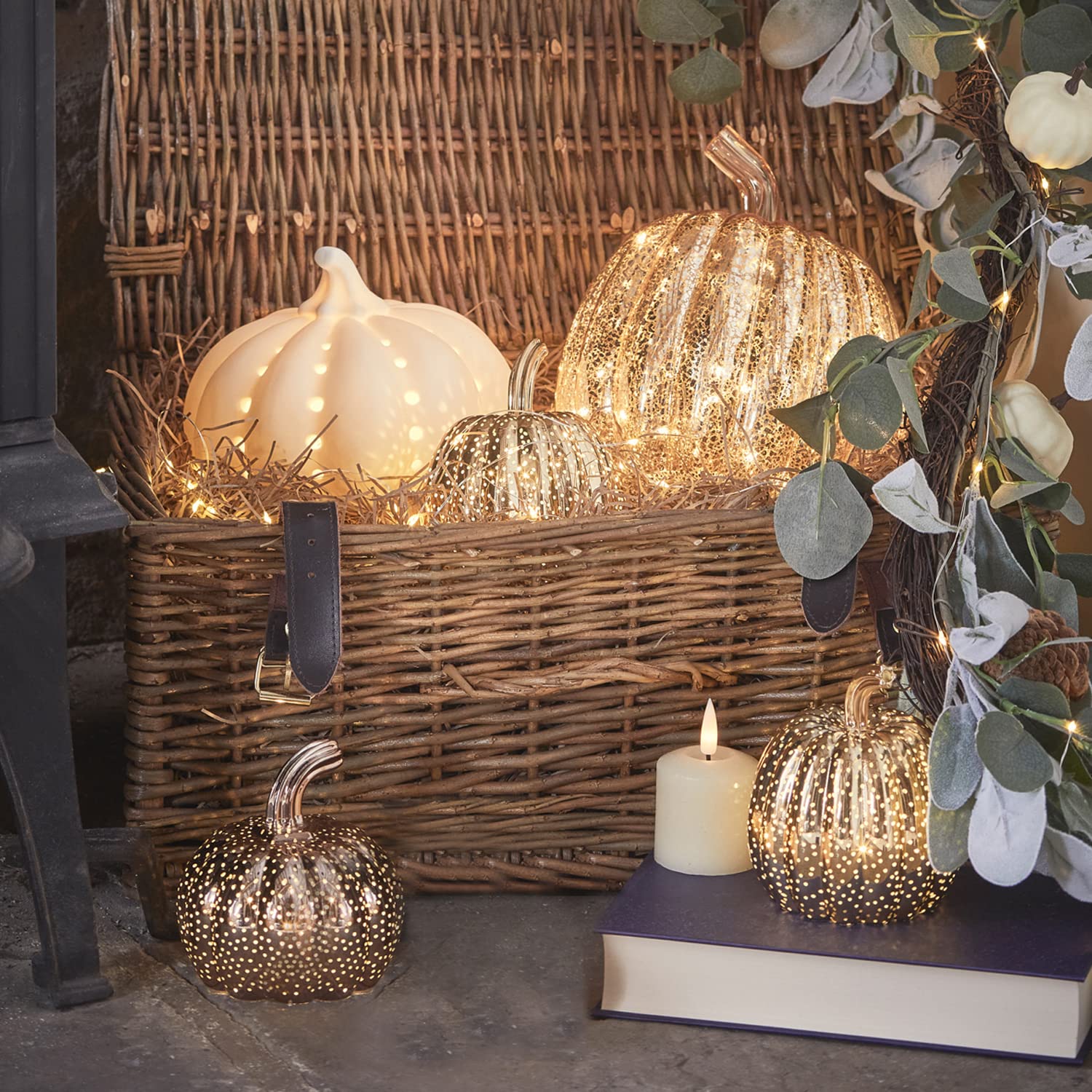 Lights4fun 5er Set Deko Kürbis Glas Keramik Windlicht Gold Halloween Deko Herbst