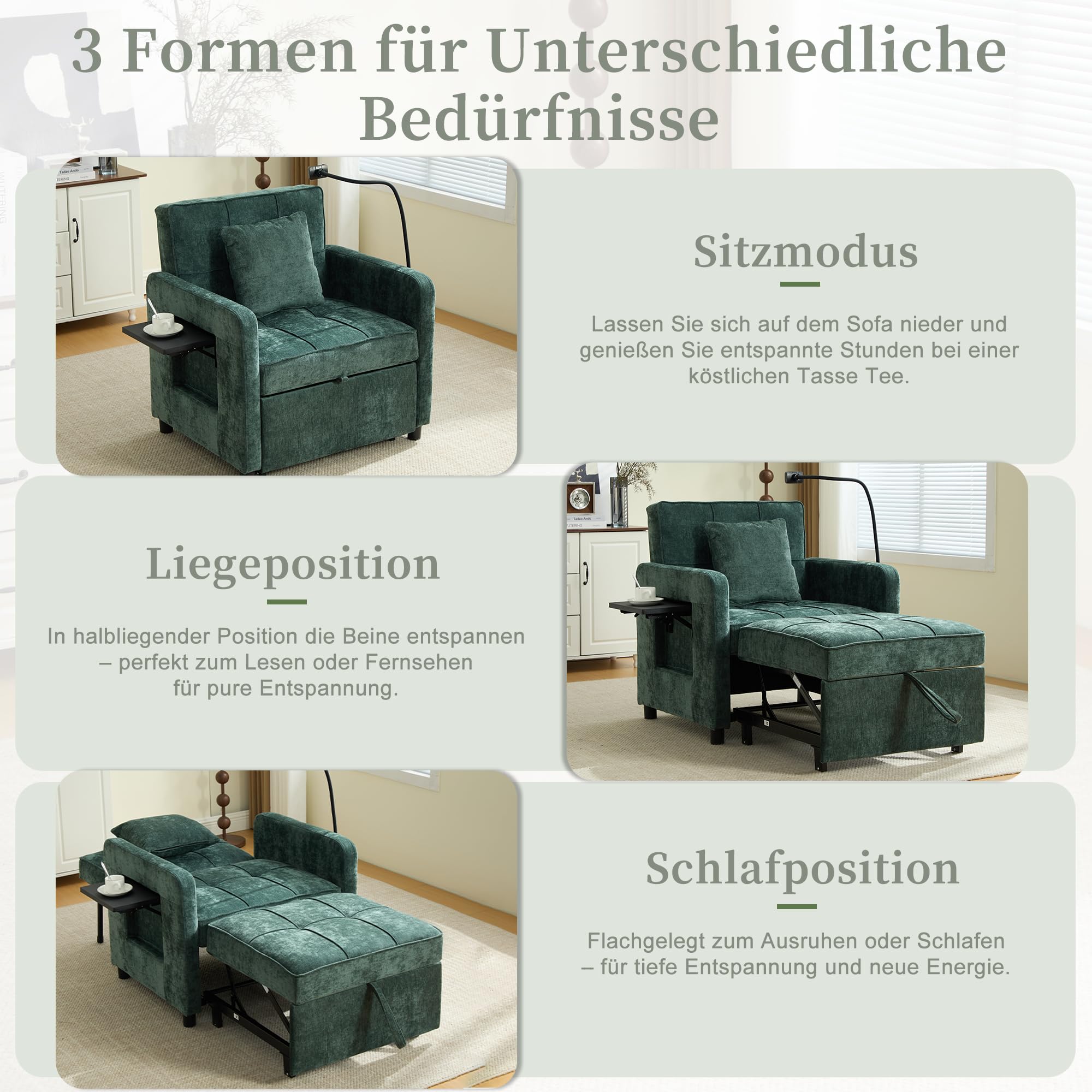 Generisch Poltrona letto 2 in 1 in ciniglia verde, divano letto singolo con cuscino, tasche laterali e vassoio, schienale regolabile in 5 posizioni, portata 150 kg, per soggiorno, camera da letto