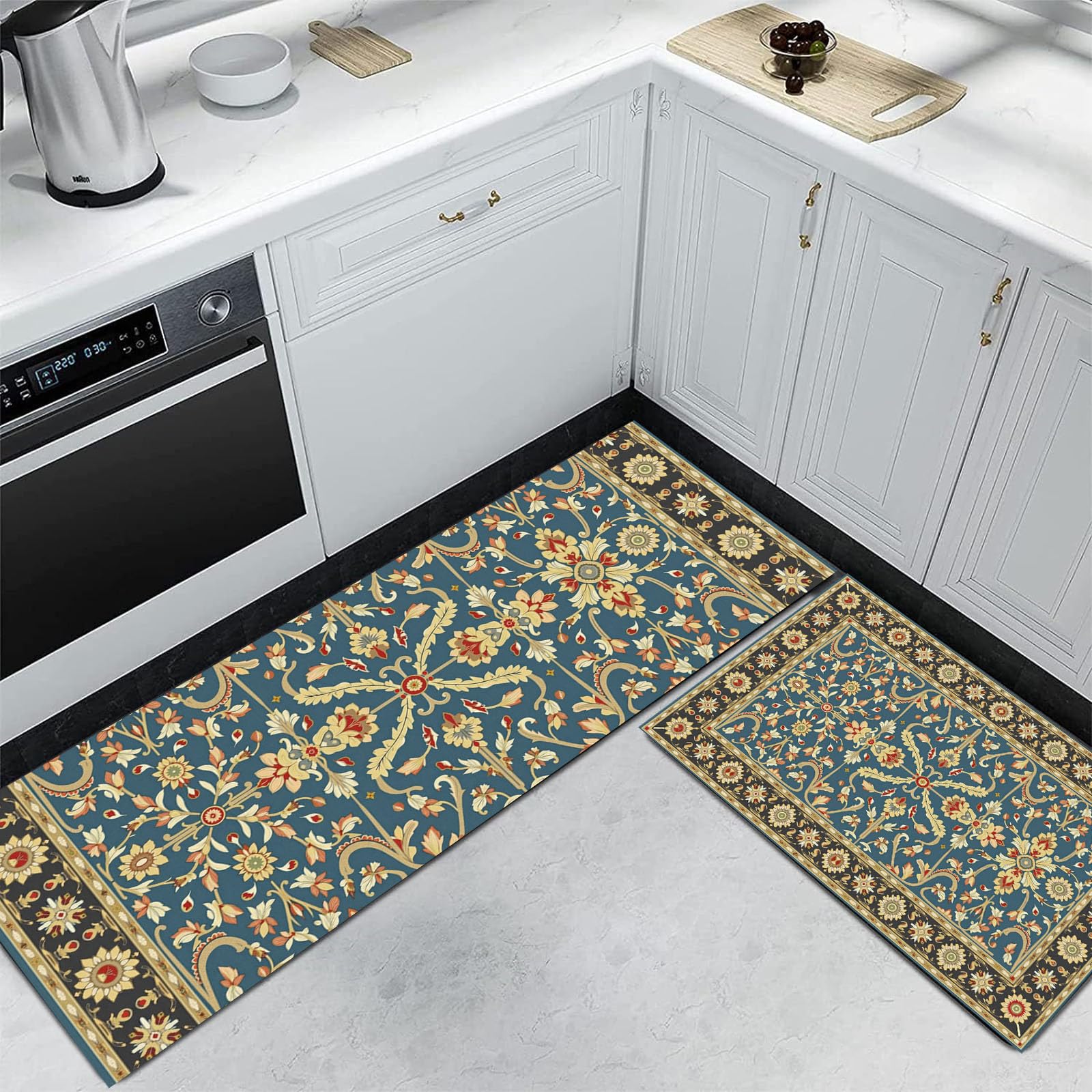 Alfombra de cocina lavable y suave con diseño floral simétrico