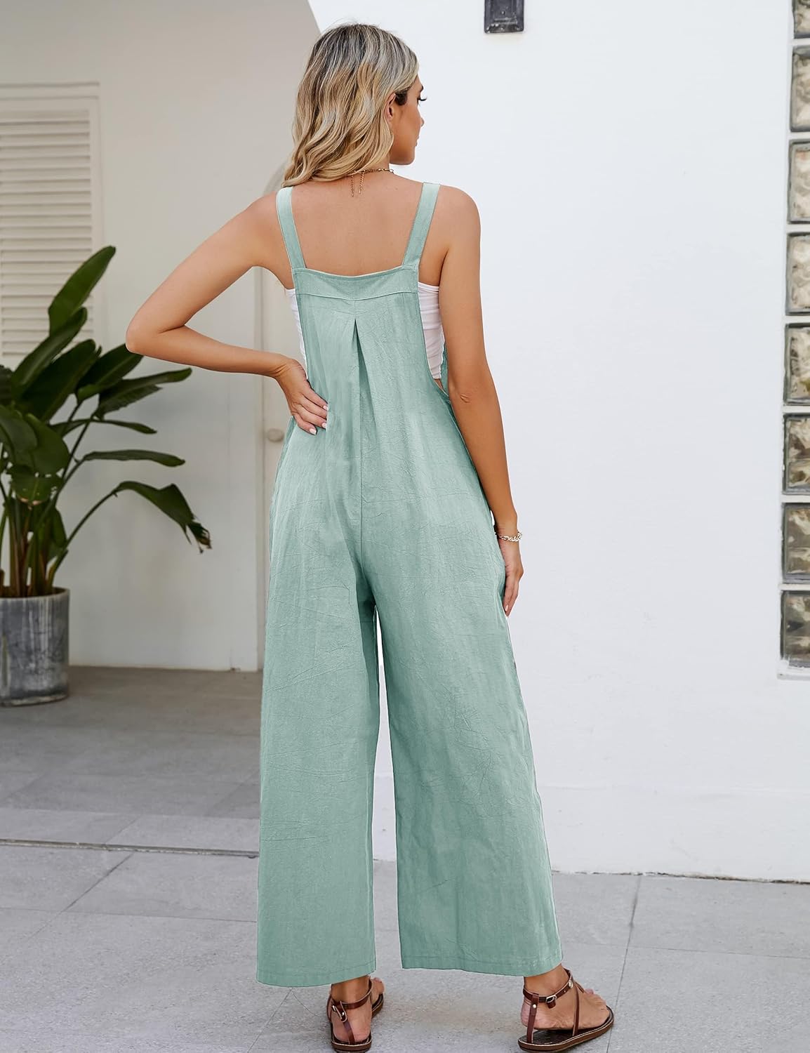 Flygo Women's Cotton Bib Overalls Loose Fit Wide Leg Jumpsuits Casual Rompers with Pockets - Image 4