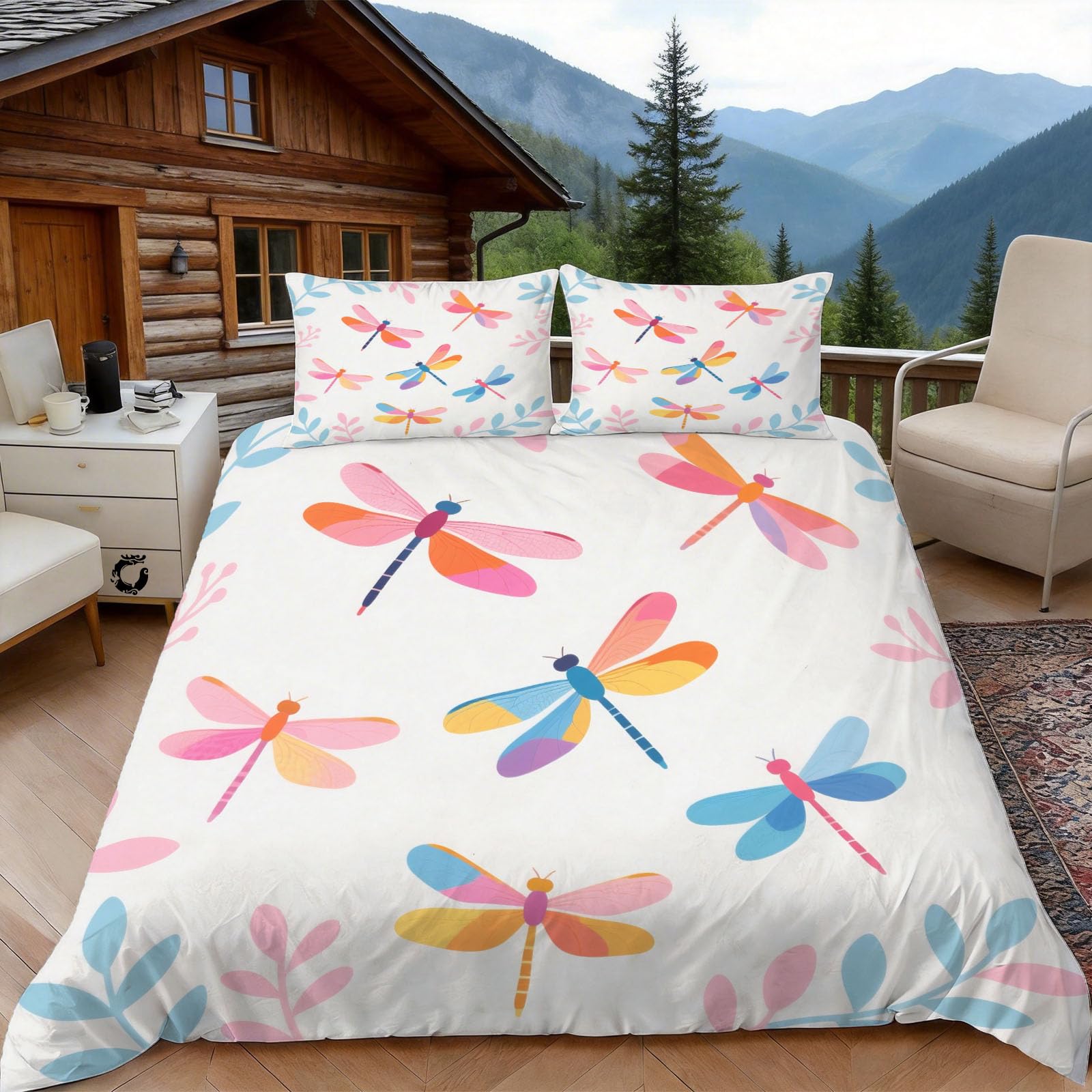 Housse de couette 220x240 libellule parure de lit insecte 2 personnes taie 65x65