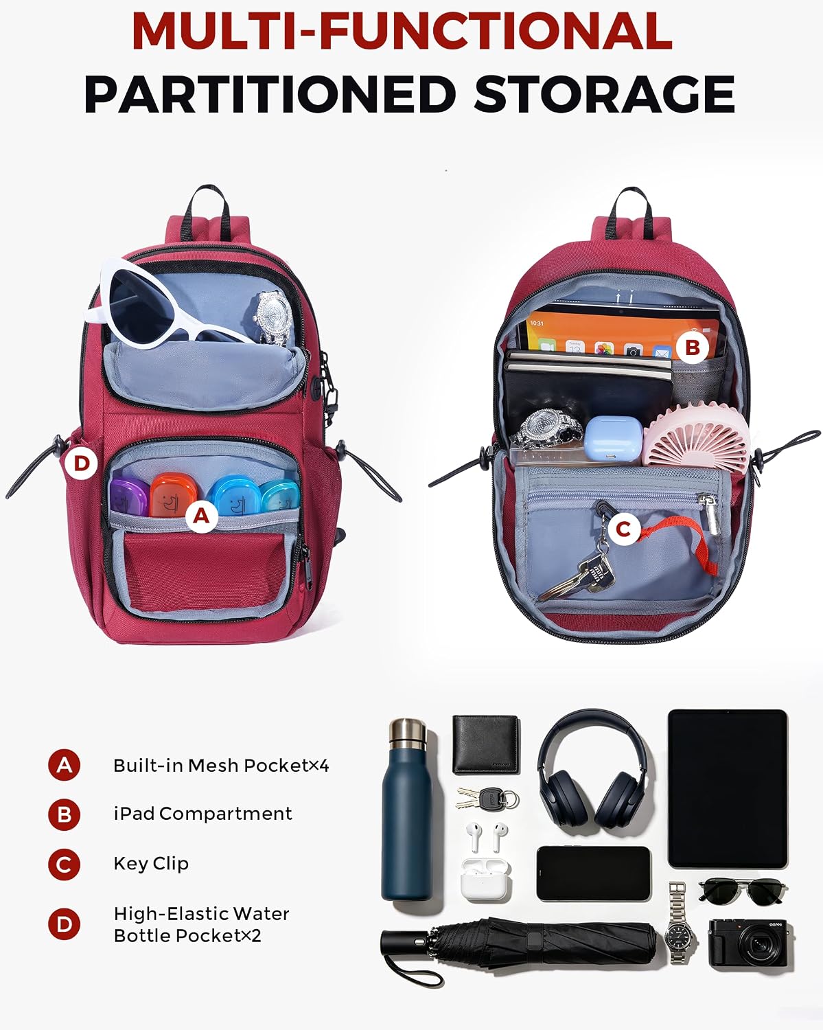 ECOHUB Crossbody Bags for Women Men, Anti-Theft RFID Blocking Sling Backpack Water Resistant Chest Shoulder Daypack, Red image 5