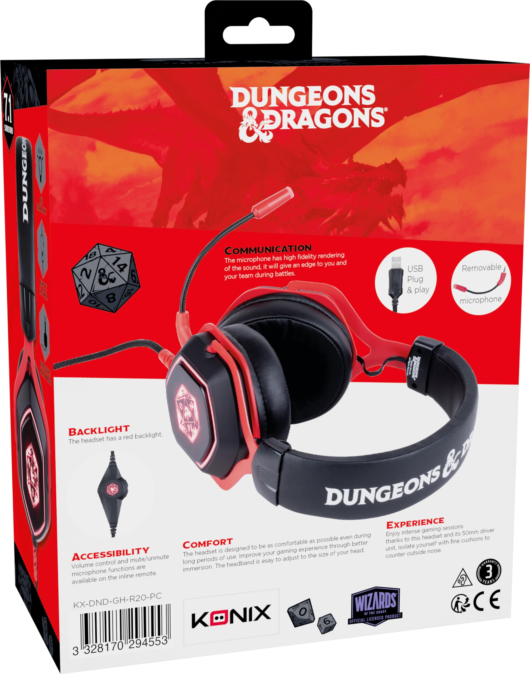 Konix Dungeons & Dragons Auriculares Gaming con Cable D20 para PC - Altavoces de 50 mm - Micrófono - Cable USB de 2 m - Retroiluminación - Negro y Rojo