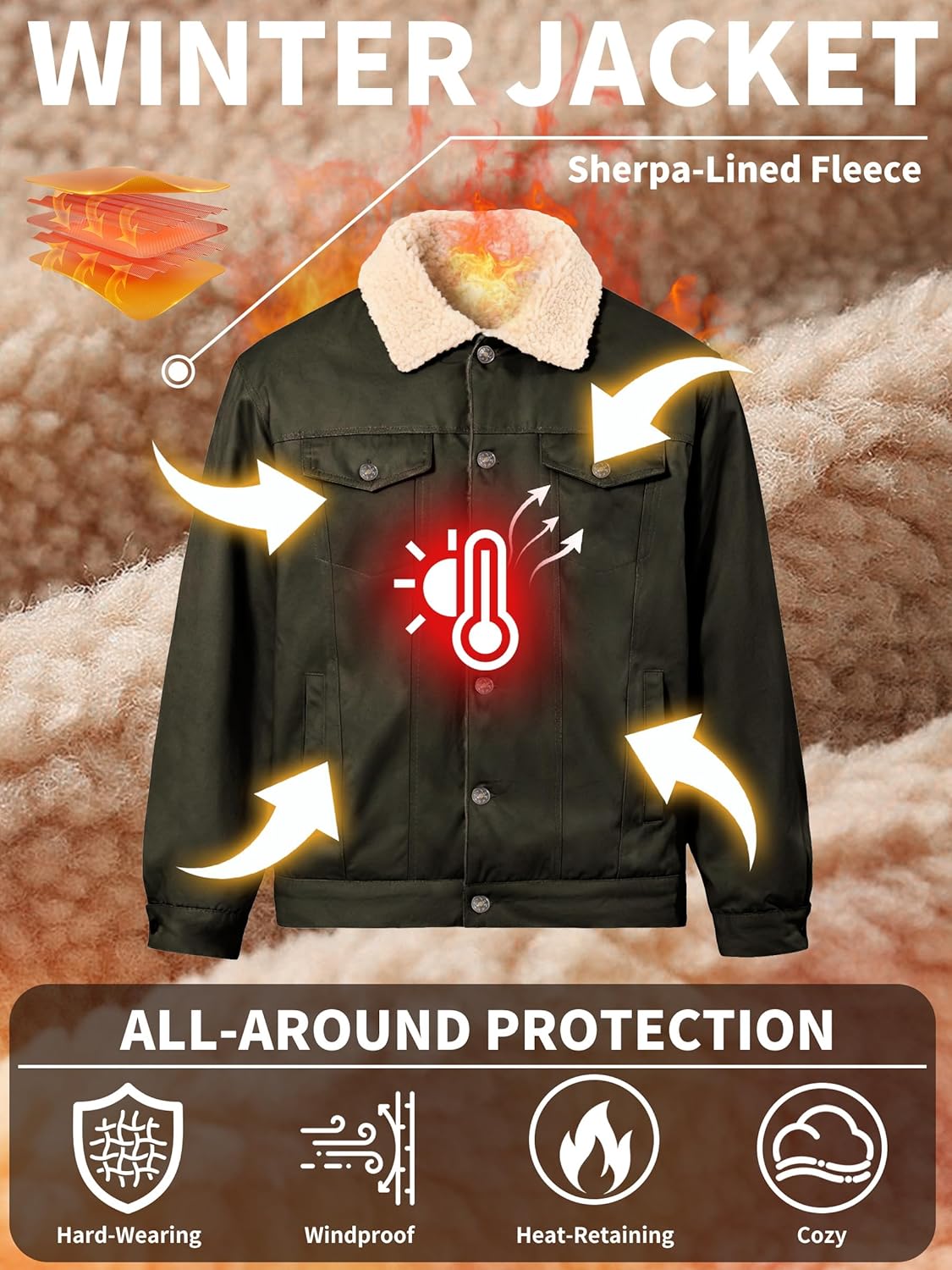 Men's Sherpa Jacket Fleece Lined Cotton Winter Cargo Coat Thick Thermal Warm Trucker Jacket with Multi Pockets - Image 4