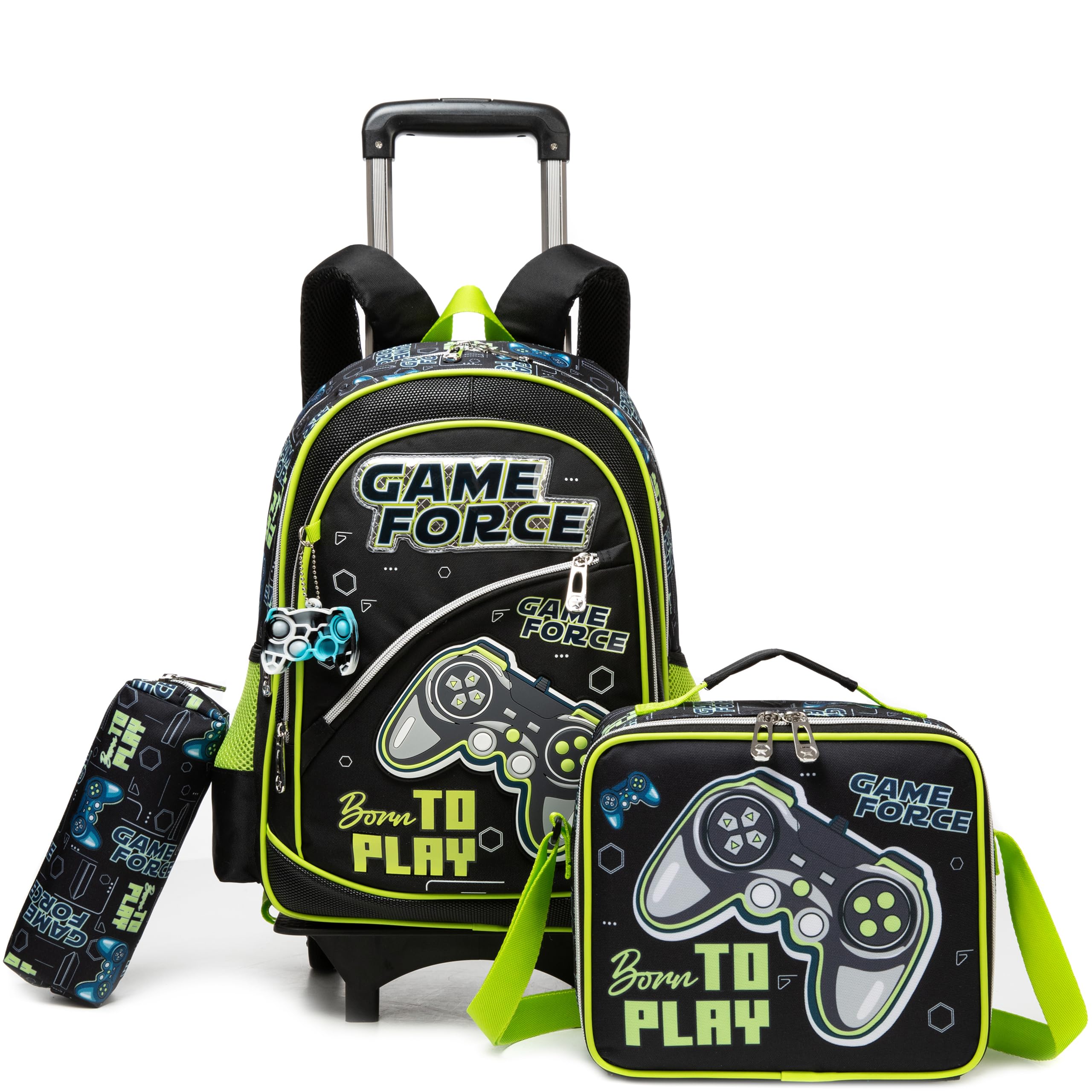 HTgroce Zaino Trolley Scuola Elementare Bambino Ragazzo con Ruote, Borsa da Viaggio e Borsa per Pranzo, Design Gamepad e Sportivo, Colore Game, Dimensioni 42x30x20 cm