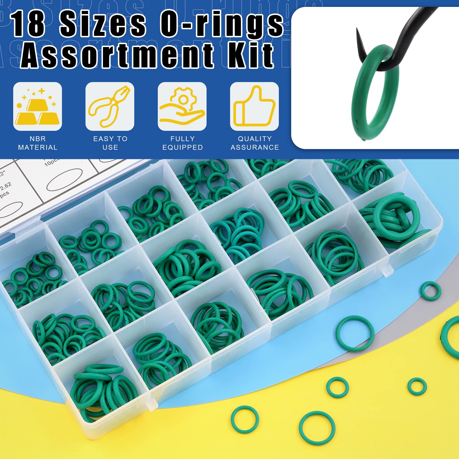 Glarks 270Pcs 18 Sizes Green Rubber O-Ring with 2 Pcs Mini Specialty Precision Pick and Hook Assortment Kit for Car Auto Vehicle Repair Air Conditioning Compressor Seals - Image 3