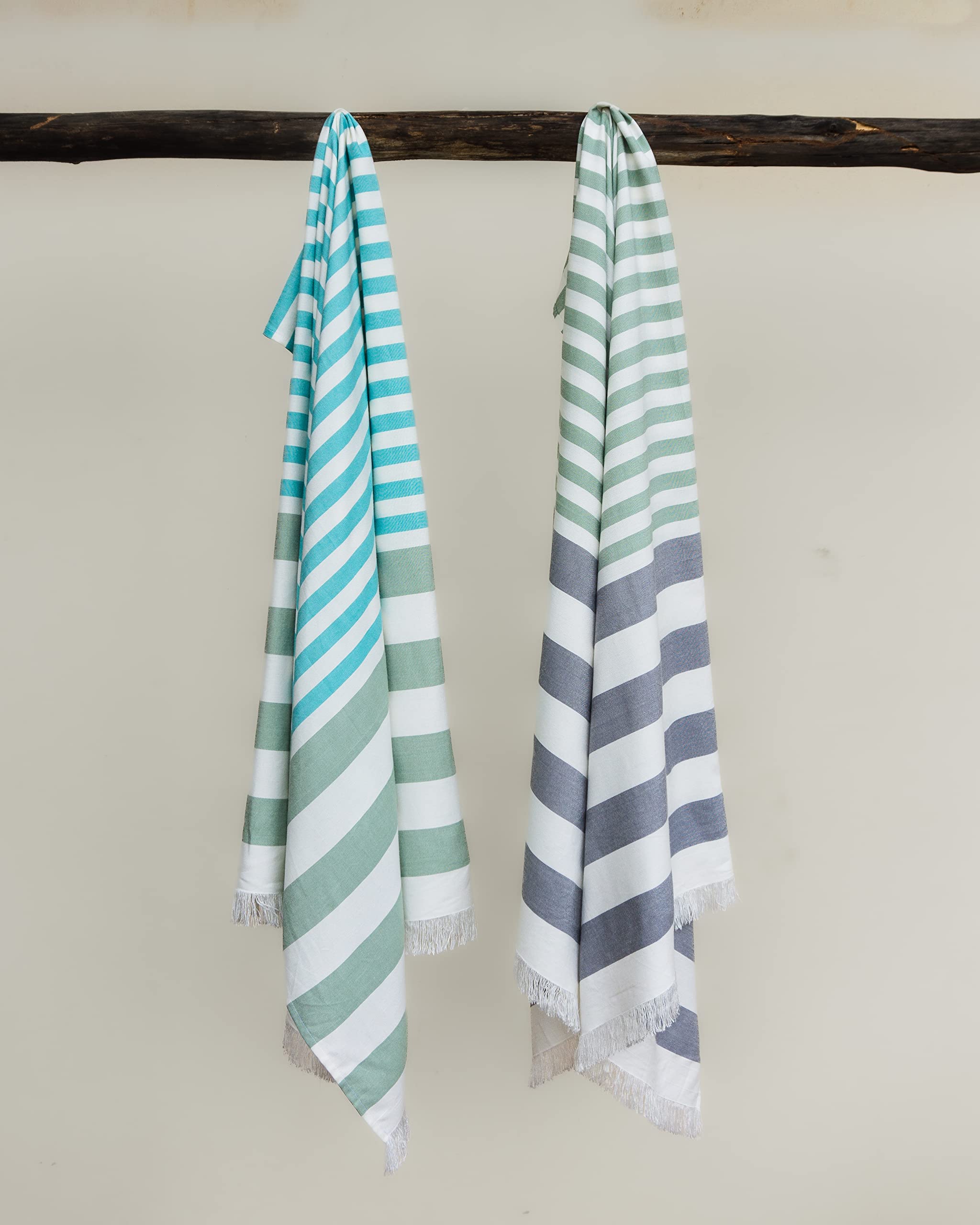 Mush Extra Large Cabana Style Turkish Towel | 100% Bamboo Towel - (90 x 160 cms) - Ideal for Beach, Bath, Pool etc (Turquoise-Light Green & Grey-Light Green, 2)