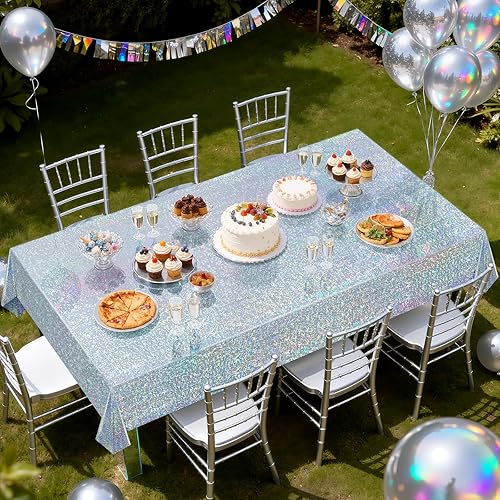 Miniatura 8 de Paquete de 2 manteles iridiscentes plateados, manteles rectangulares de plástico desechables brillantes de 54 x 108 pulgadas, mantel holográfico de