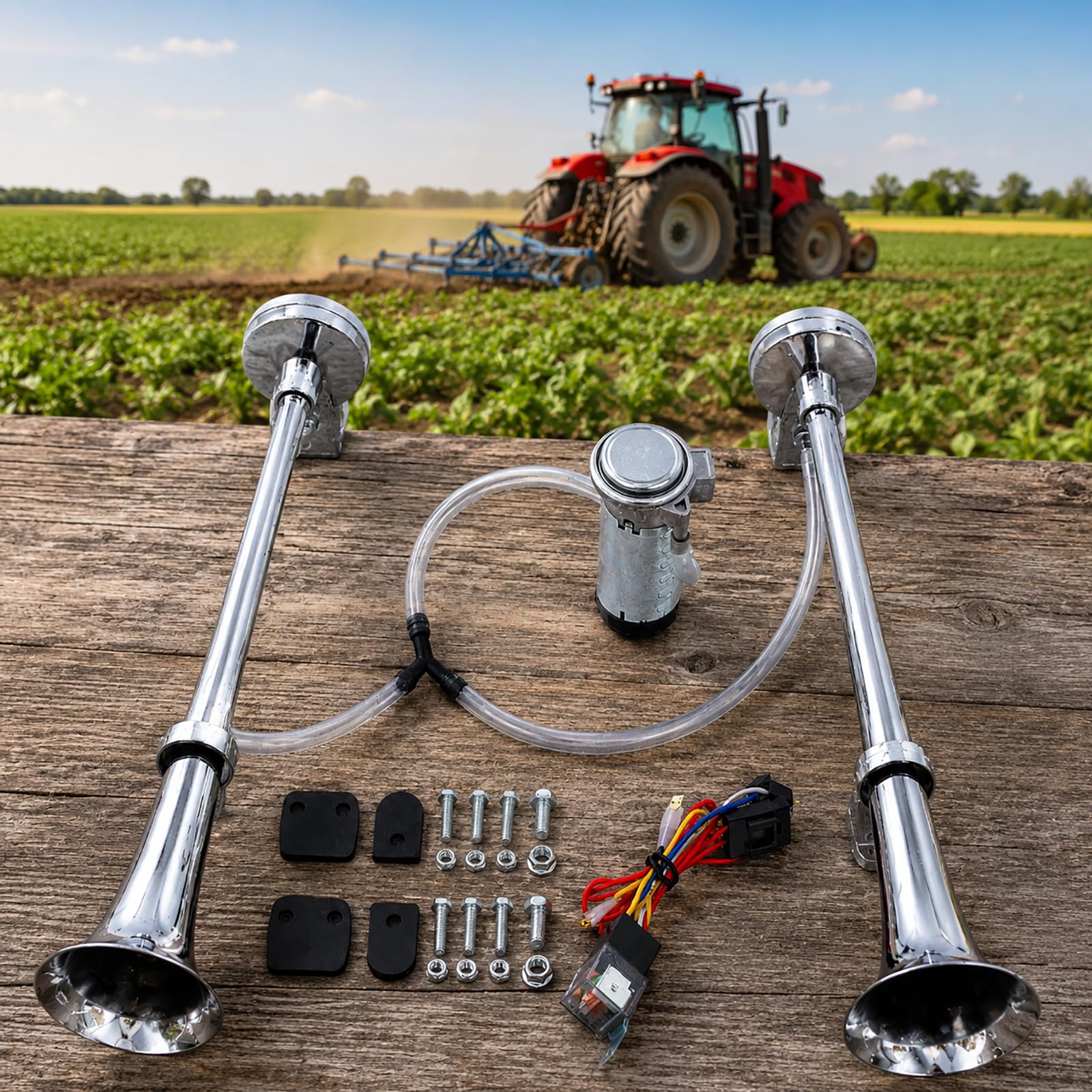Trompeta Tractor 150dB Superpotente con Compresor 12V Actualizado, Cuerno de Aire de Trompeta Doble para Coche, Tractor, Furgoneta, Moto y Barco - Kit de Instalación Completa