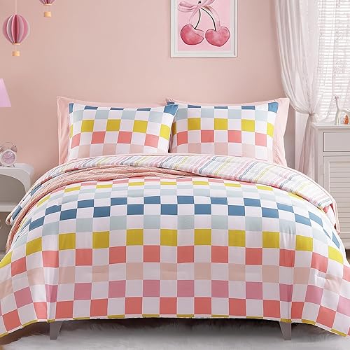 Wink Deer Twin Comforter Set for Girls-5 Pieces Colorful Checkered