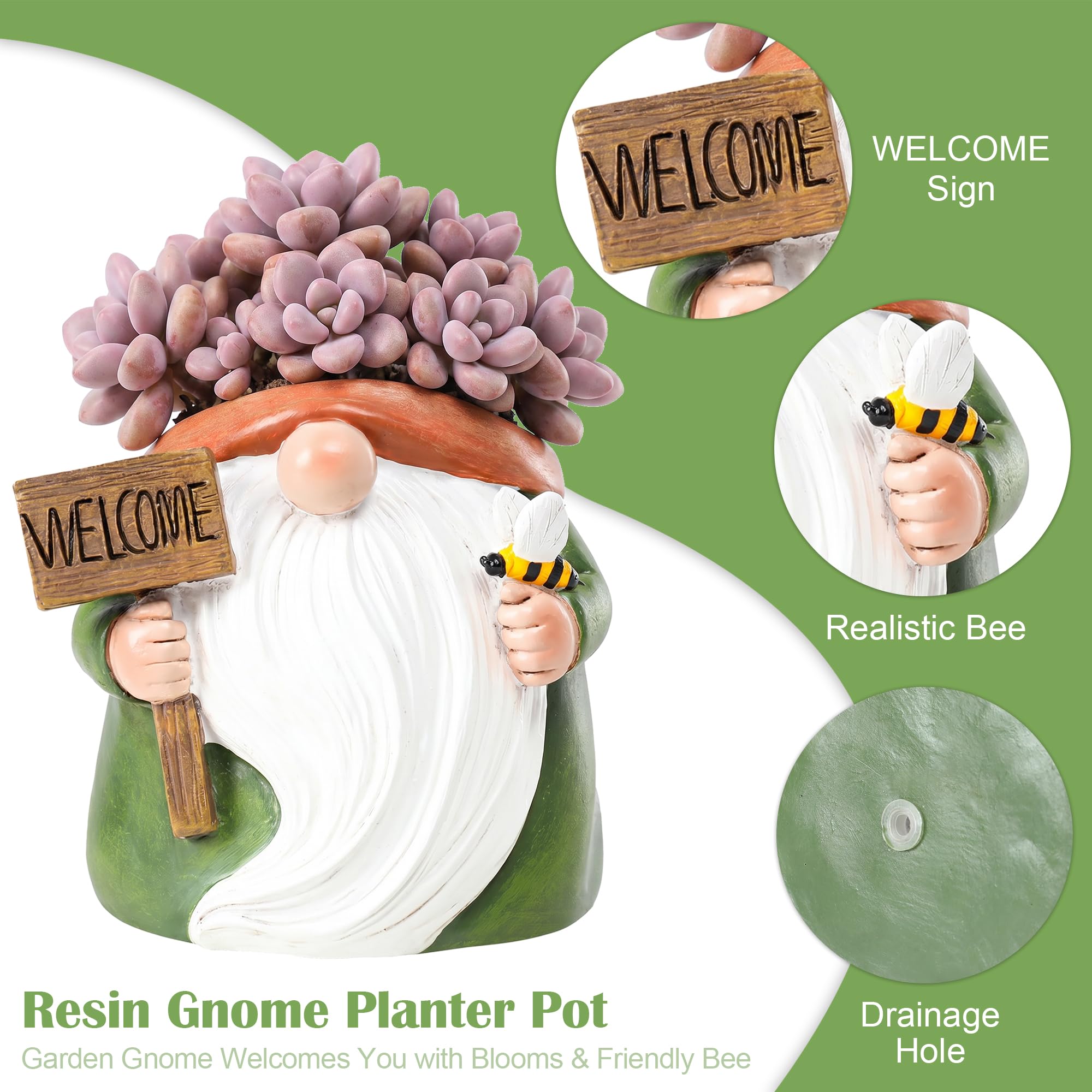 Bonita maceta pequeña de gnomo de 4 pulgadas para suculentas con drenaje de resina para jardín para interiores y exteriores