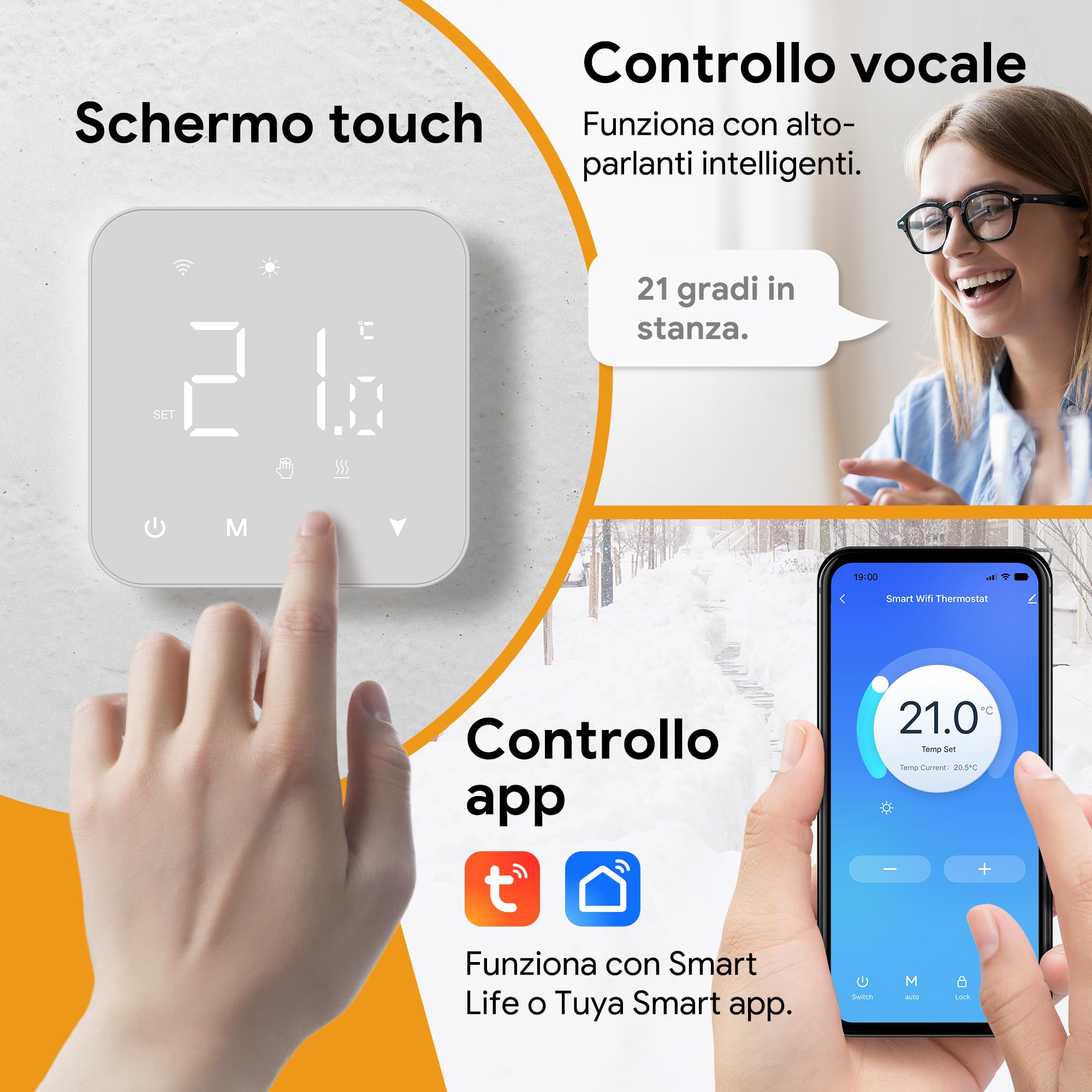 Termostato Wifi A Batteria, Termostato Caldaia Smart 2 Fili Cronotermostato Digitale Per Caldaia A Gas, Tuya Thermostat Ambiente Unterstützung Für Google Assistant Und Alexa Bianco