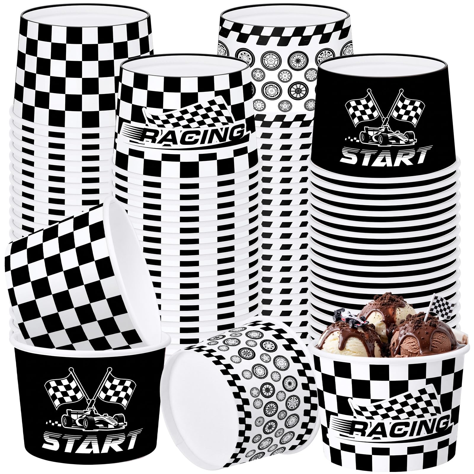 Pickmesh 80 Pcs Black and White Checkered Ice Cream Paper Cups 9 oz Race Car Disposable Dessert Bowls Snack Soup Paper Cups Checkered Flag Birthday Party Supplies for Hot or Cold Food