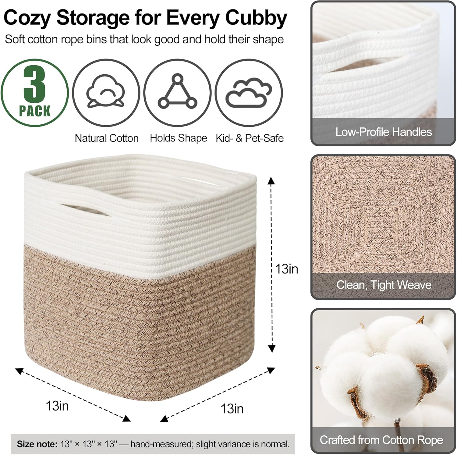 13x13x13 inch Cube Storage Bin, 3-Pack Woven Cotton Rope Baskets for Organizing, 13 inch Square Storage Cubes for Shelves, Cute Kids Toy Bin Box, Baby Nursery Decorative Closet Organizer