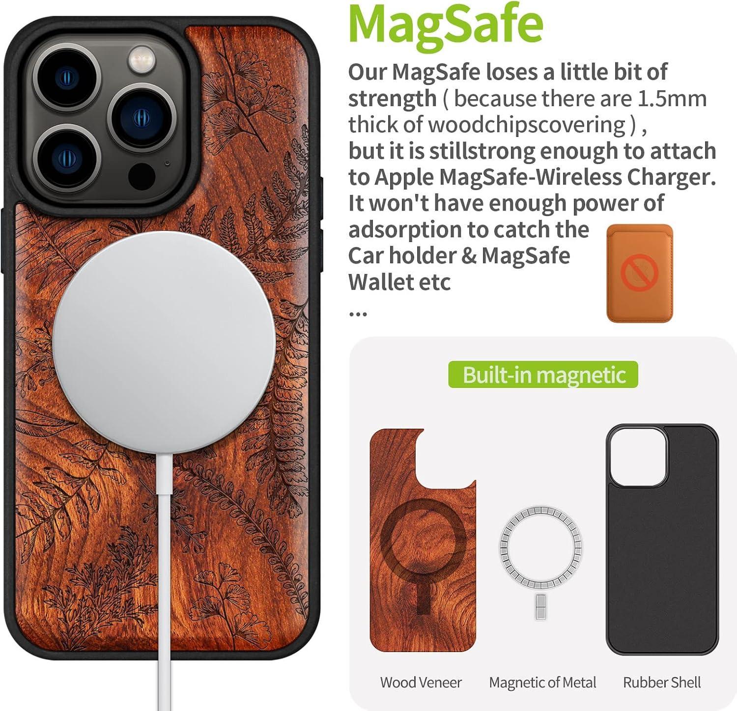 Carveit Magnetic Wood Case for iPhone 14 Pro Case [Natural Wood & Black Soft TPU] Shockproof Protective Cover Unique Wooden Case Compatible with magsafe (Fern Leaves & Herbs -Rosy)