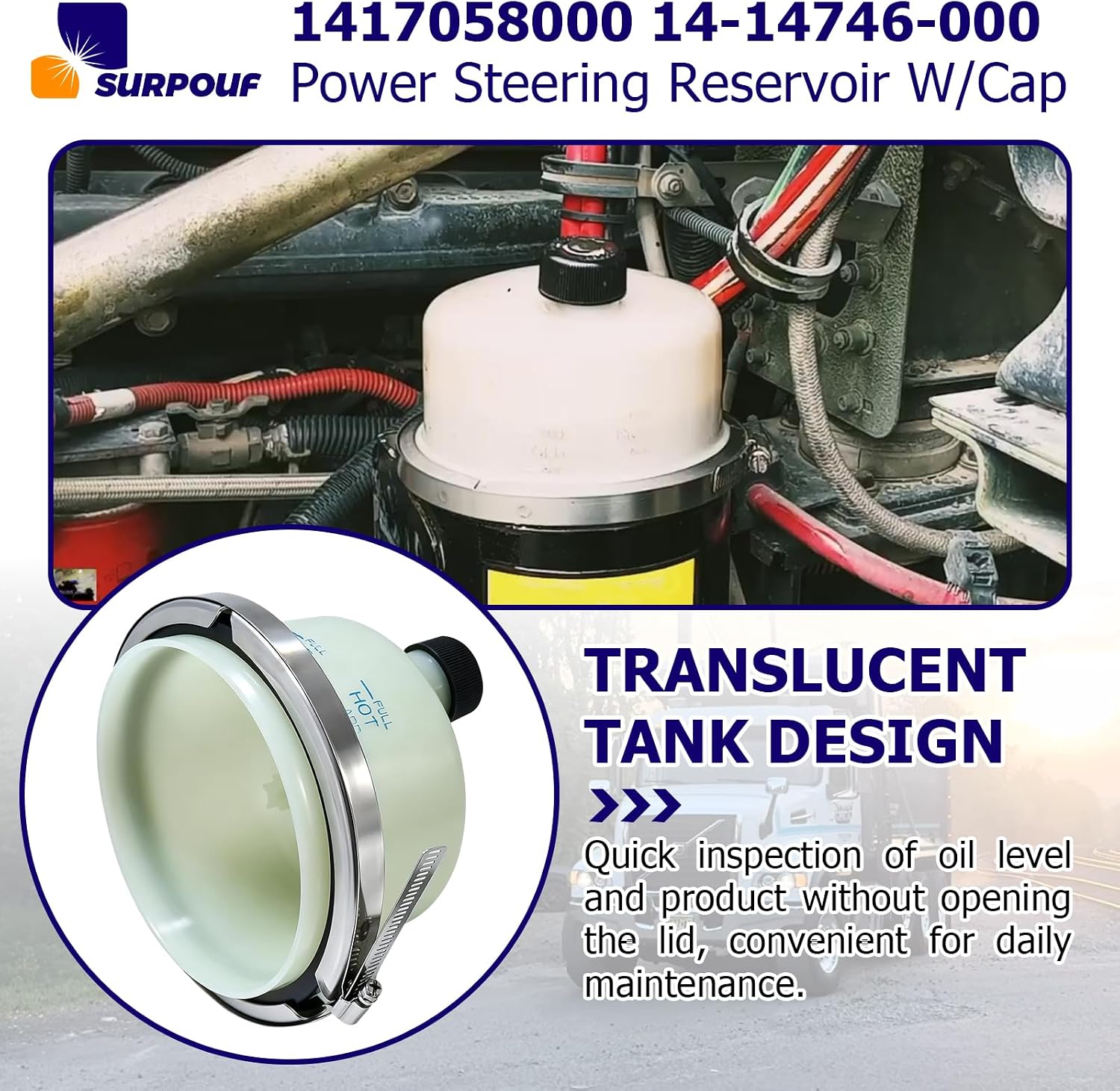 1417058000 14-14746-000 Power Steering Reservoir W/Cap Compatible with Freightliner Century Class 2001-2011 Columbia 2001-2014 Coronado 2010-2014