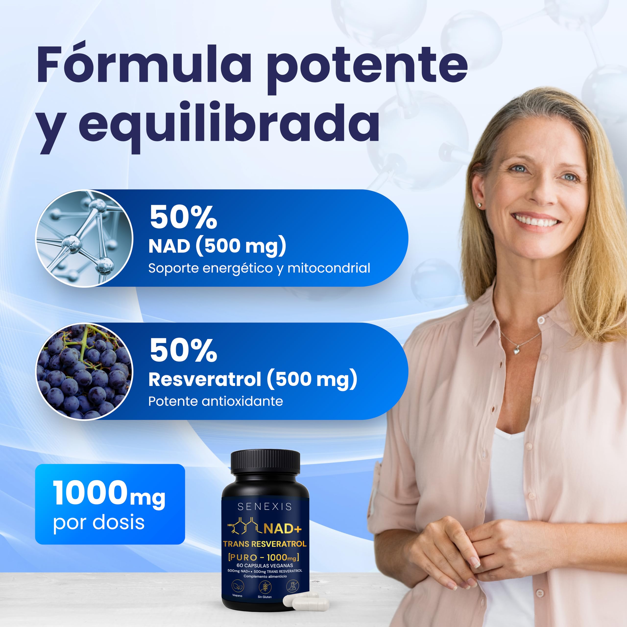 Nad Resveratrol Puro 1000mg, 60 Cápsulas veganas, 500mg NAD + 500mg Trans-Resveratrol, Energía Celular, Antioxidante, Sin Gluten, Sin OGM, sin GMO - Apoyo Mitocondrial, Cognición, Antiedad